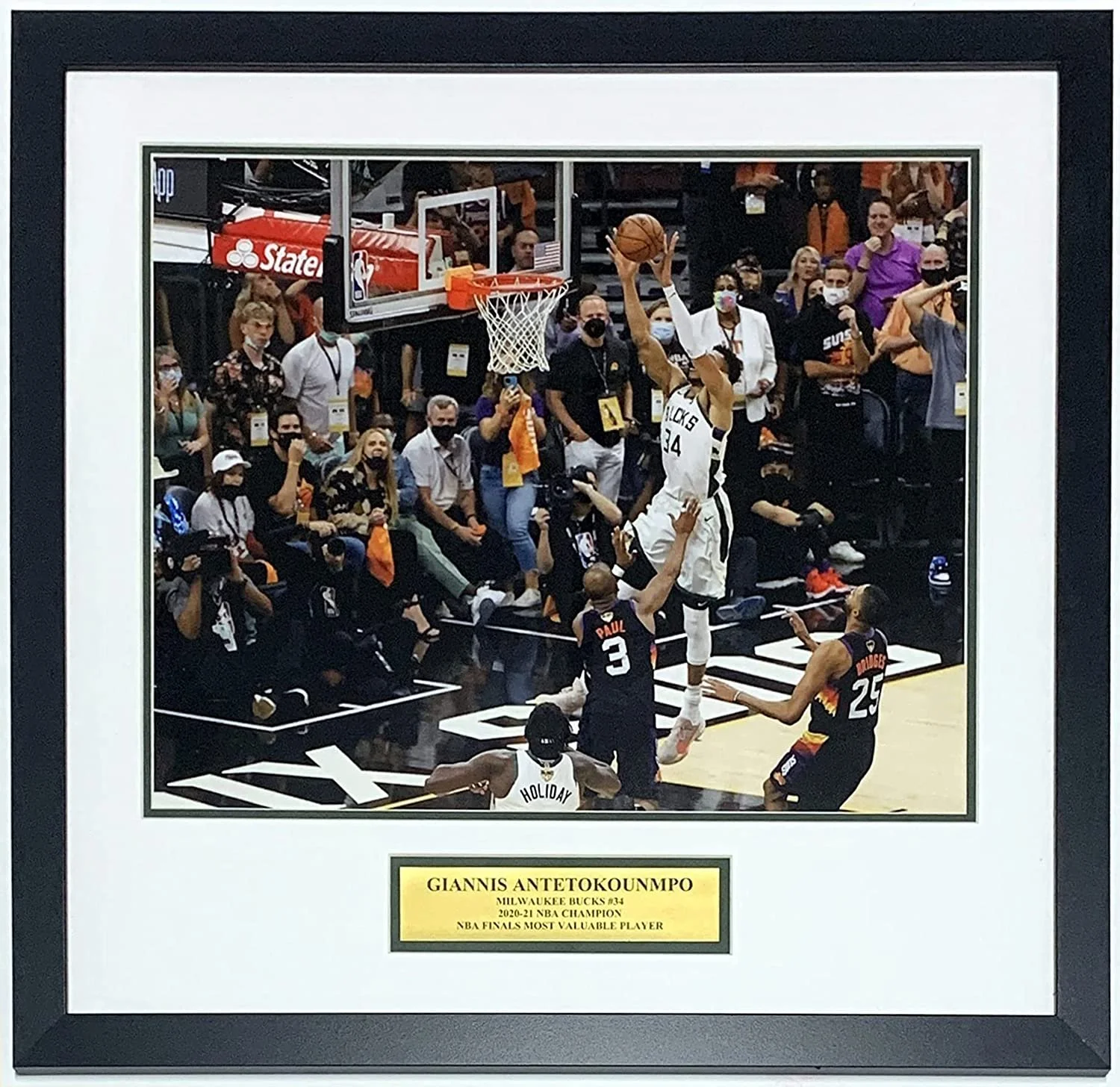 Giannis Antetokounmpo Milwaukee Bucks 2021 NBA Finals Championship Dunk 16x20 Photo - Professionally Framed and MVP Plate