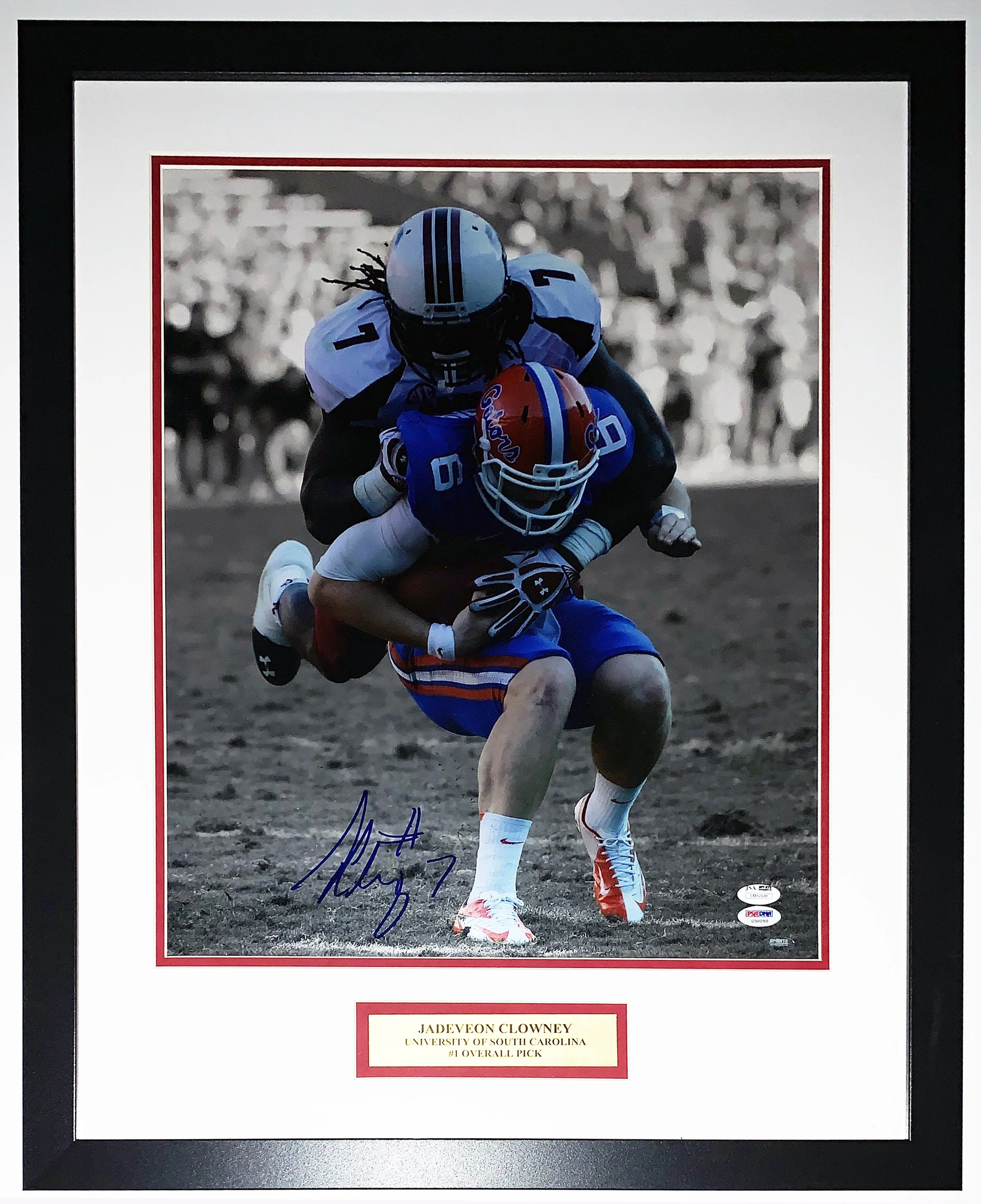 Jadeveon Clowney Signed South Carolina Gamecocks Sack 16x20 Photo - JSA COA Authenticated - Professionally Framed and Number One Pick Plate