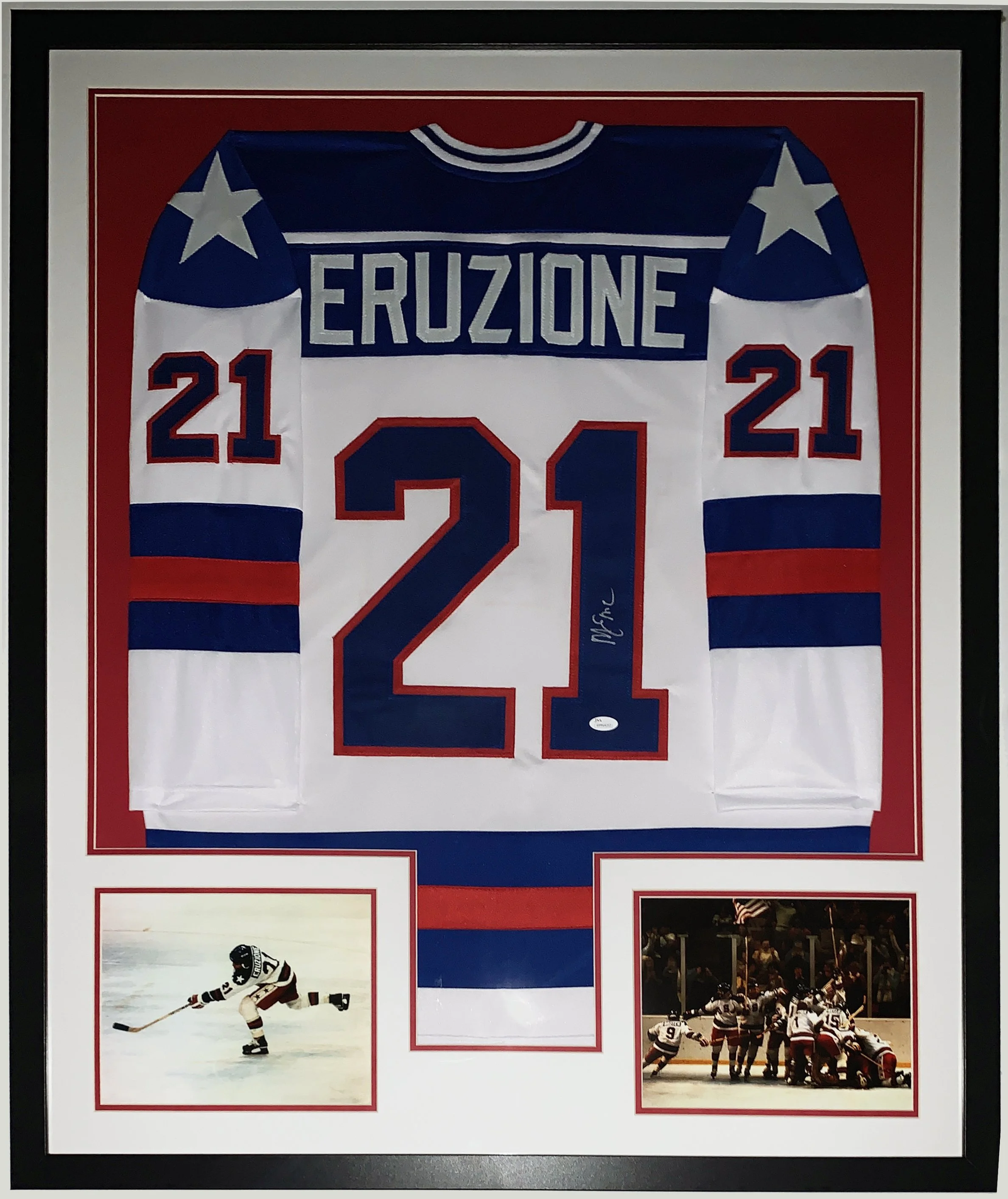 Mike Eruzione Signed 1980 Team USA Miracle on Ice Jersey - JSA COA Authenticated - Professionally Framed and Gold Medal Photo 34x42
