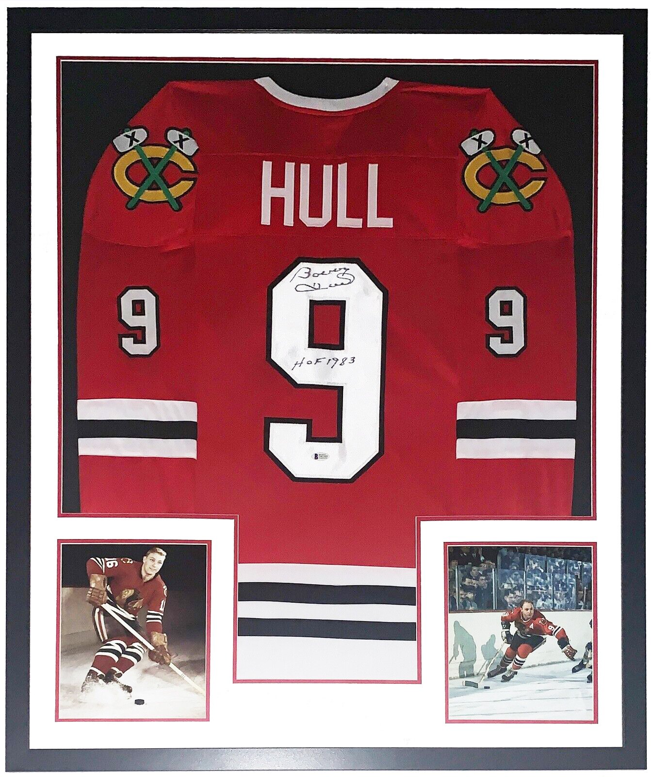 Bobby Hull Signed Chicago Blackhawks Jersey and 1983 HOF Inscription - Beckett Authentication Services BAS COA Authenticated - Professionally Framed and 8x10 Photo 34x42