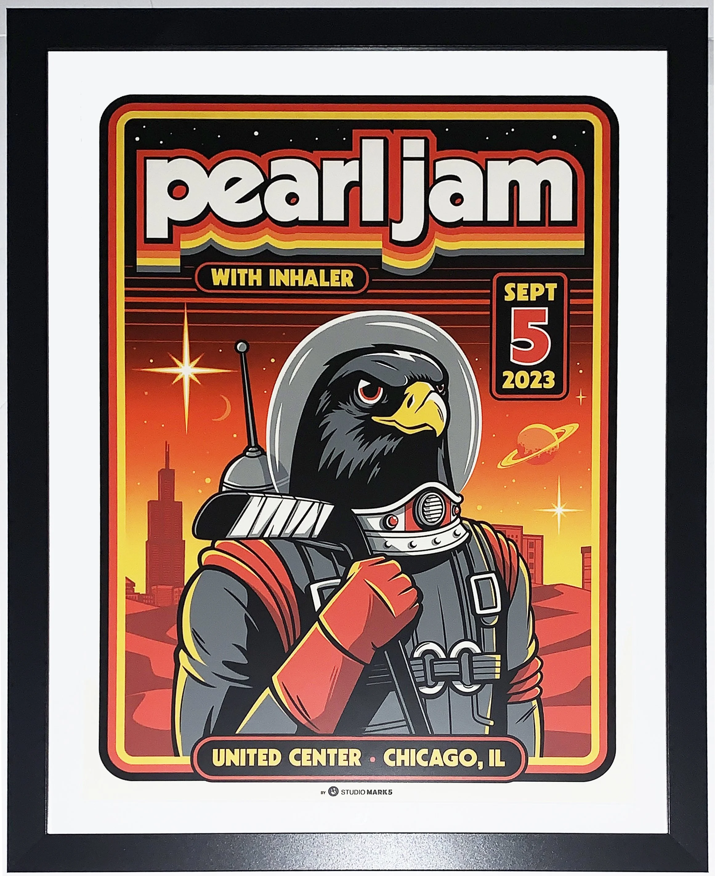 Pearl Jam Original 9/5 2023 Chicago Tour Concert Chicago Blackhawks Poster by Mark 5 - Professionally Framed 26x30