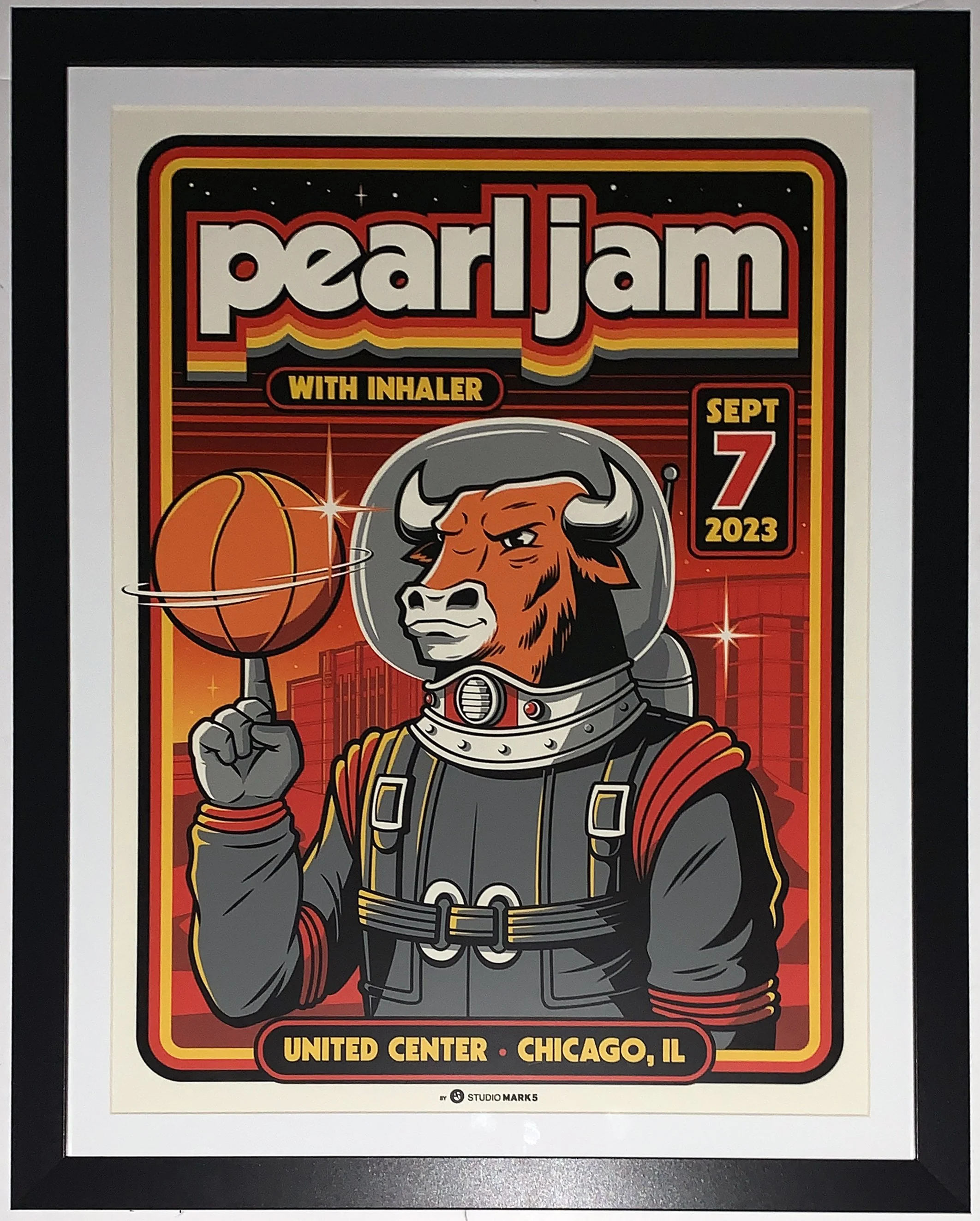 Pearl Jam Original 9/7/23 2023 Chicago Tour Concert Chicago Bulls Poster by Mark 5 - Professionally Framed 26x30
