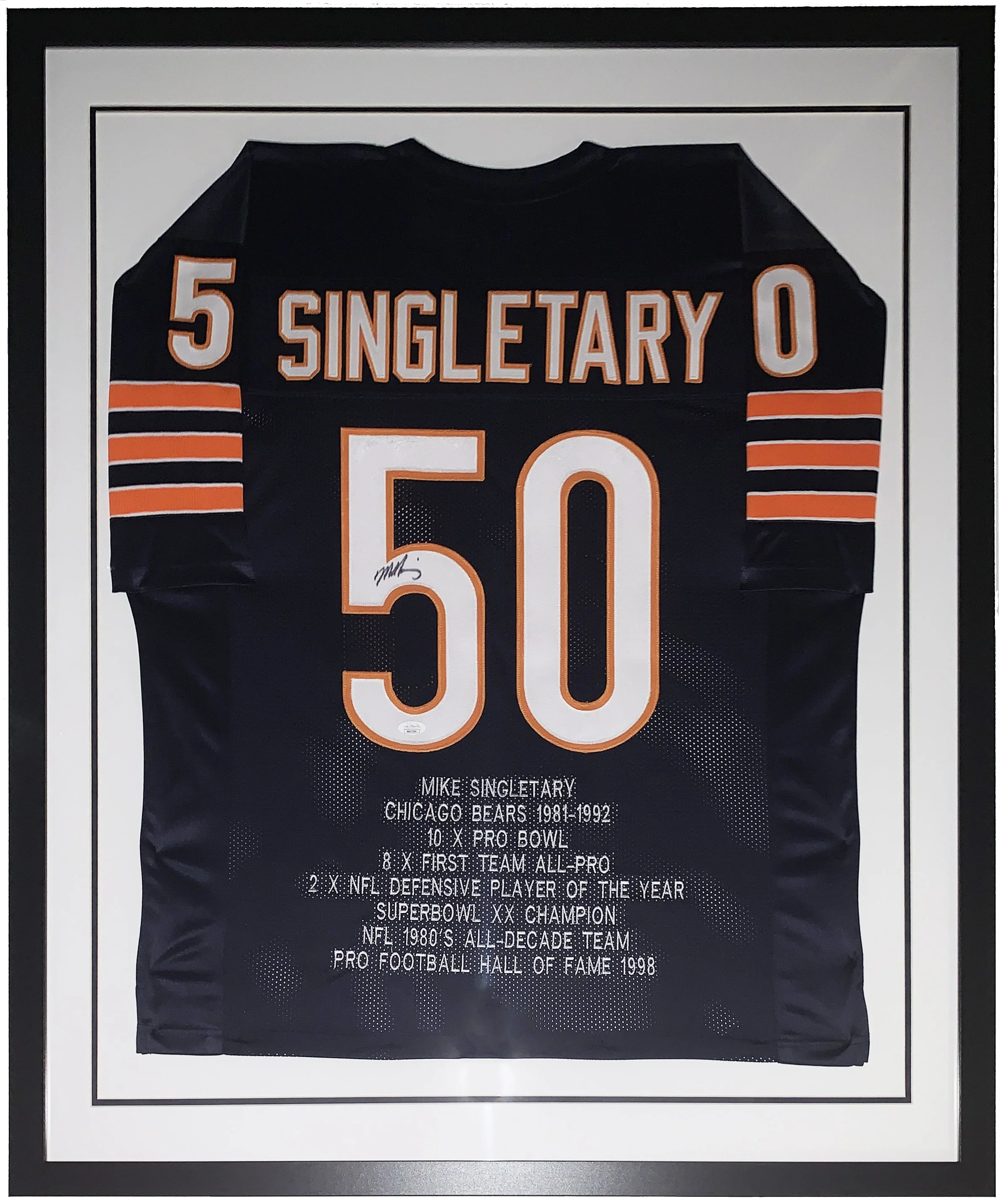 Mike Singletary Signed Authentic Chicago Bears Career Statistics Jersey - JSA COA Authenticated - Professionally Framed 34x42