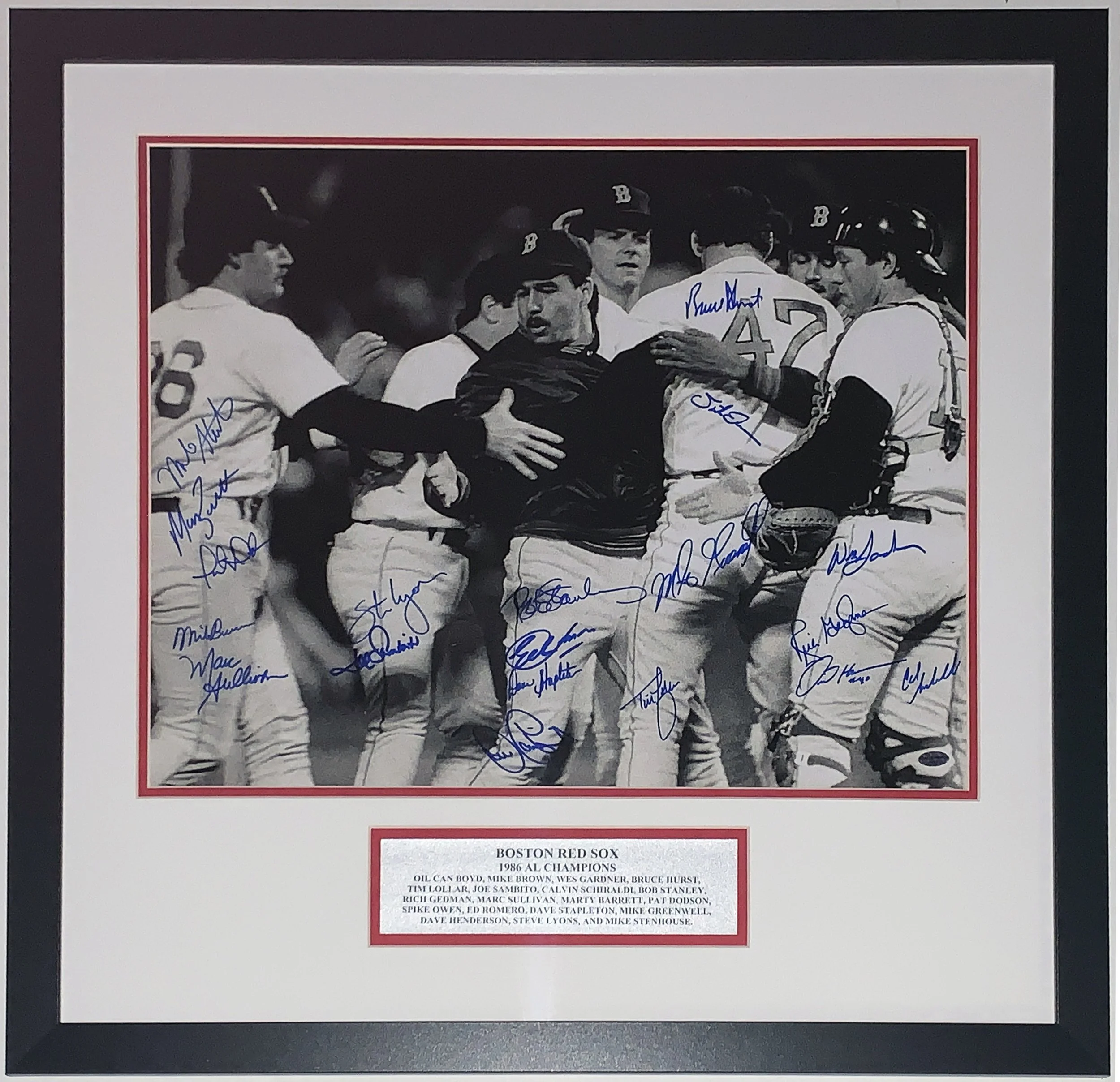 1986 Boston Red Sox Team Signed Celebration 16x20 Photo with 19 Autograph - Leaf COA Authenticated - Professionally Framed and Plate
