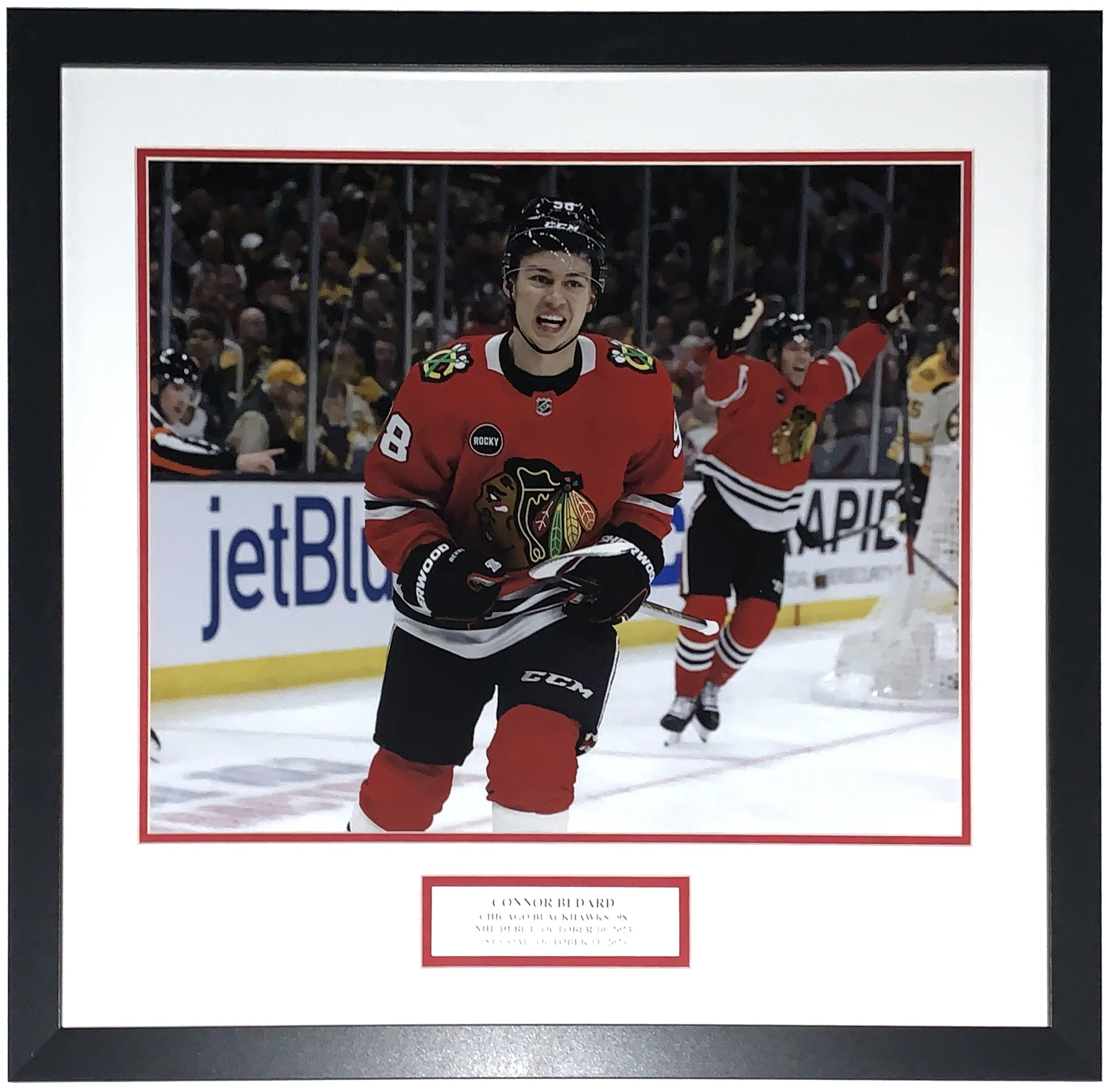 Connor Bedard Chicago Blackhawks 2023 1st NHL Goal 16x20 Photo - Professionally Framed and 2023 Number One Draft Pick Plate