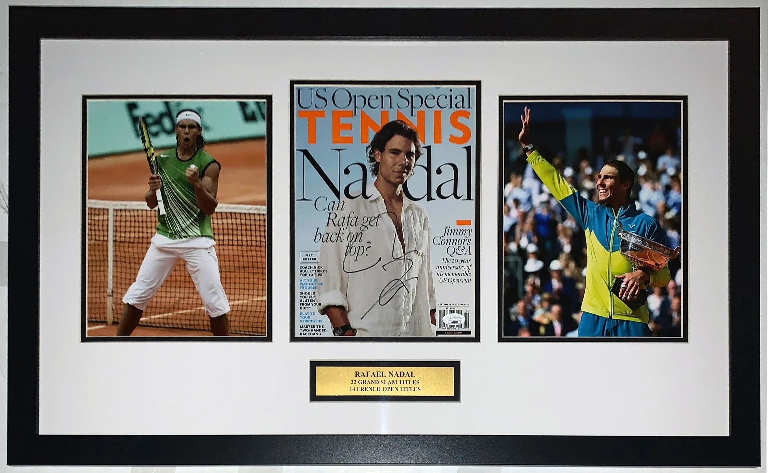 Rafael Nadal Signed French Open 3 8x10 Photo Compilation - JSA COA Authenticated - Professionally Framed and Championship Plate 34x16