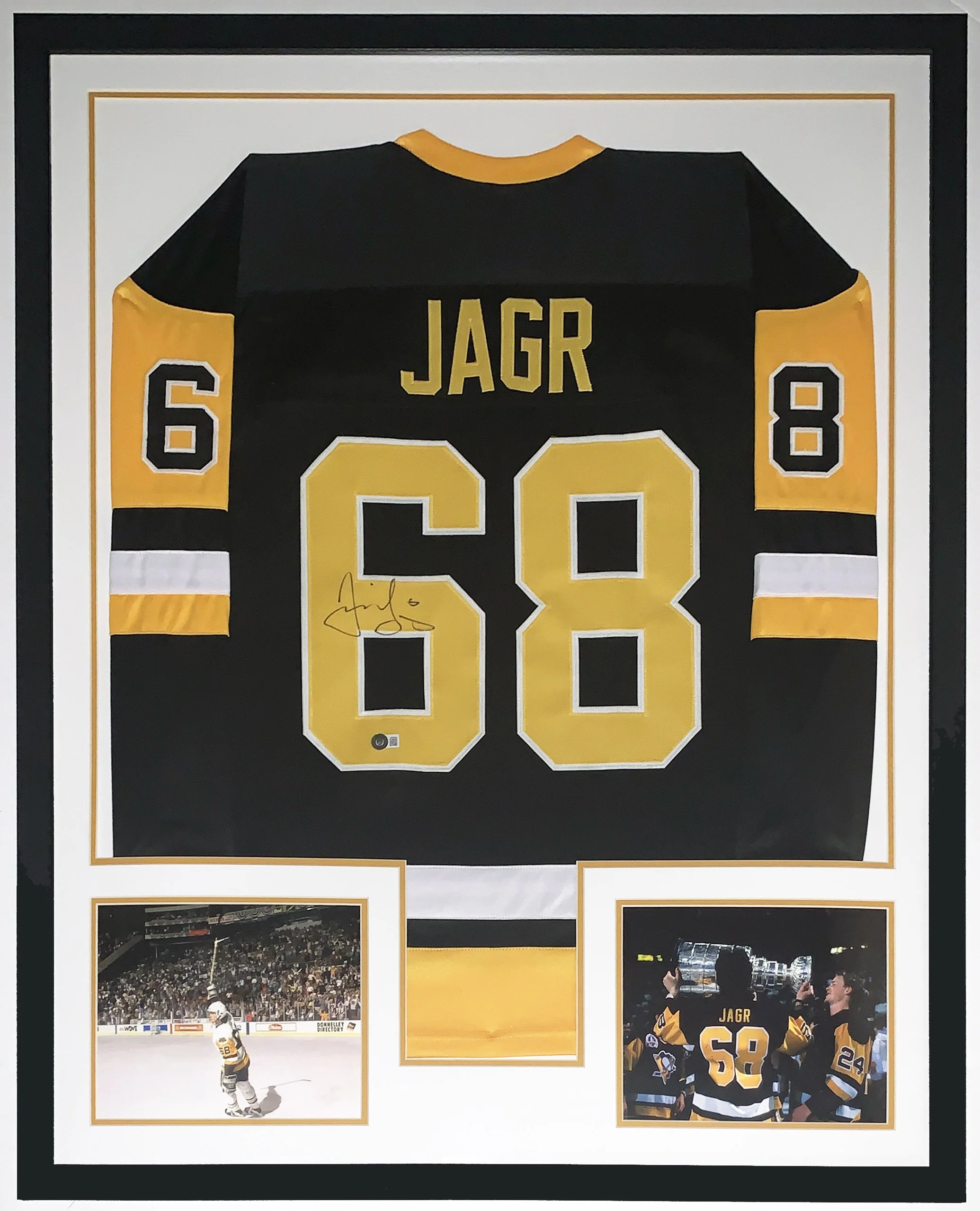 Jaromir Jagr Signed Authentic Pittsburgh Penguins Jersey - Beckett Authentication Services BAS COA - Professionally Framed and Stanley Cup Photo 34x42