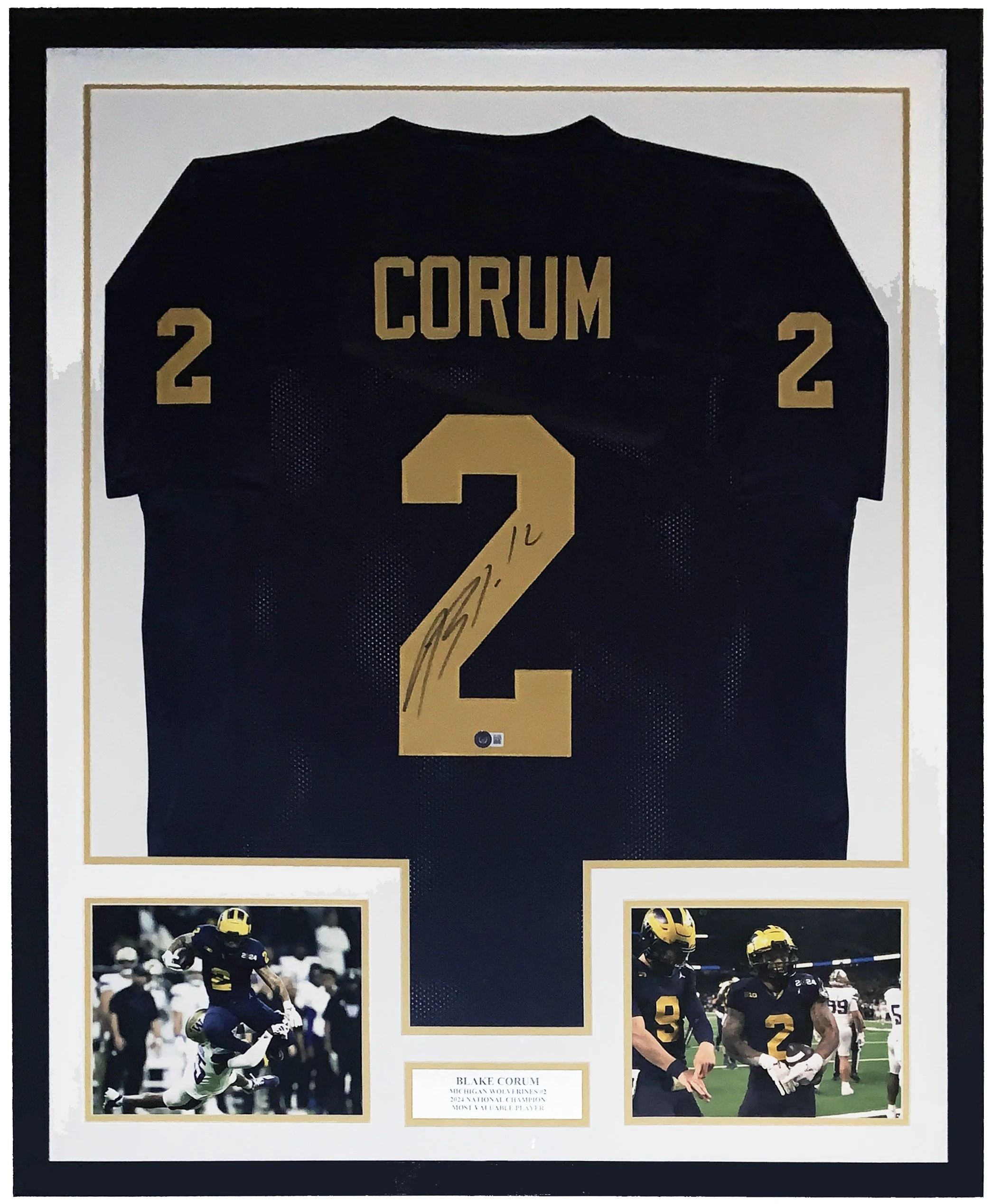 Blake Corum Authentic Signed 2023 University of Michigan Wolverines Jersey - Beckett BAS COA Authenticated - Professionally Framed and 2024 Championship Photo 34x42