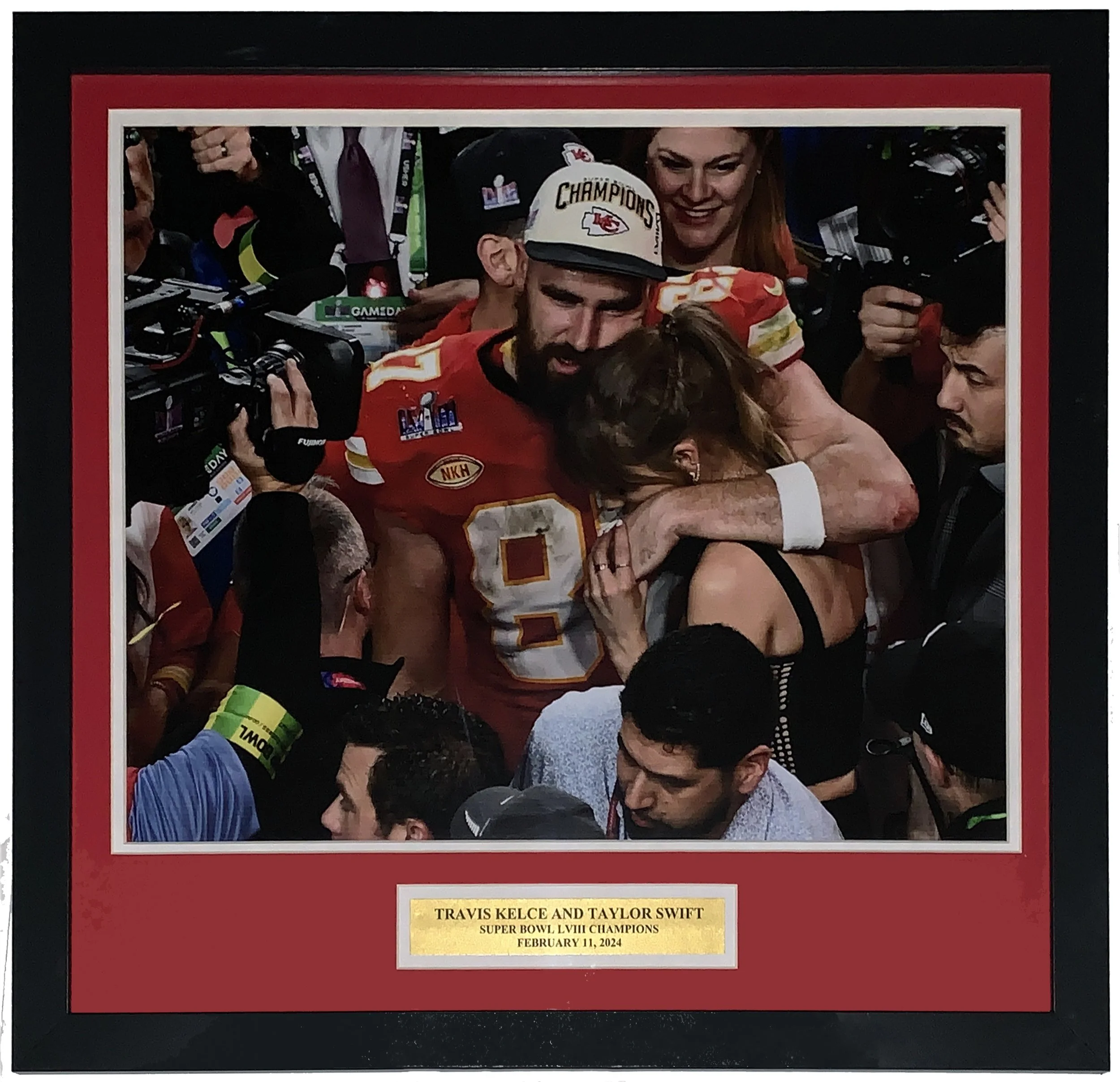 Travis Kelce and Taylor Swift Kansas City Chiefs 2024 Super Bowl 58 Celebration 16x20 Photo - Professionally Framed and Plate