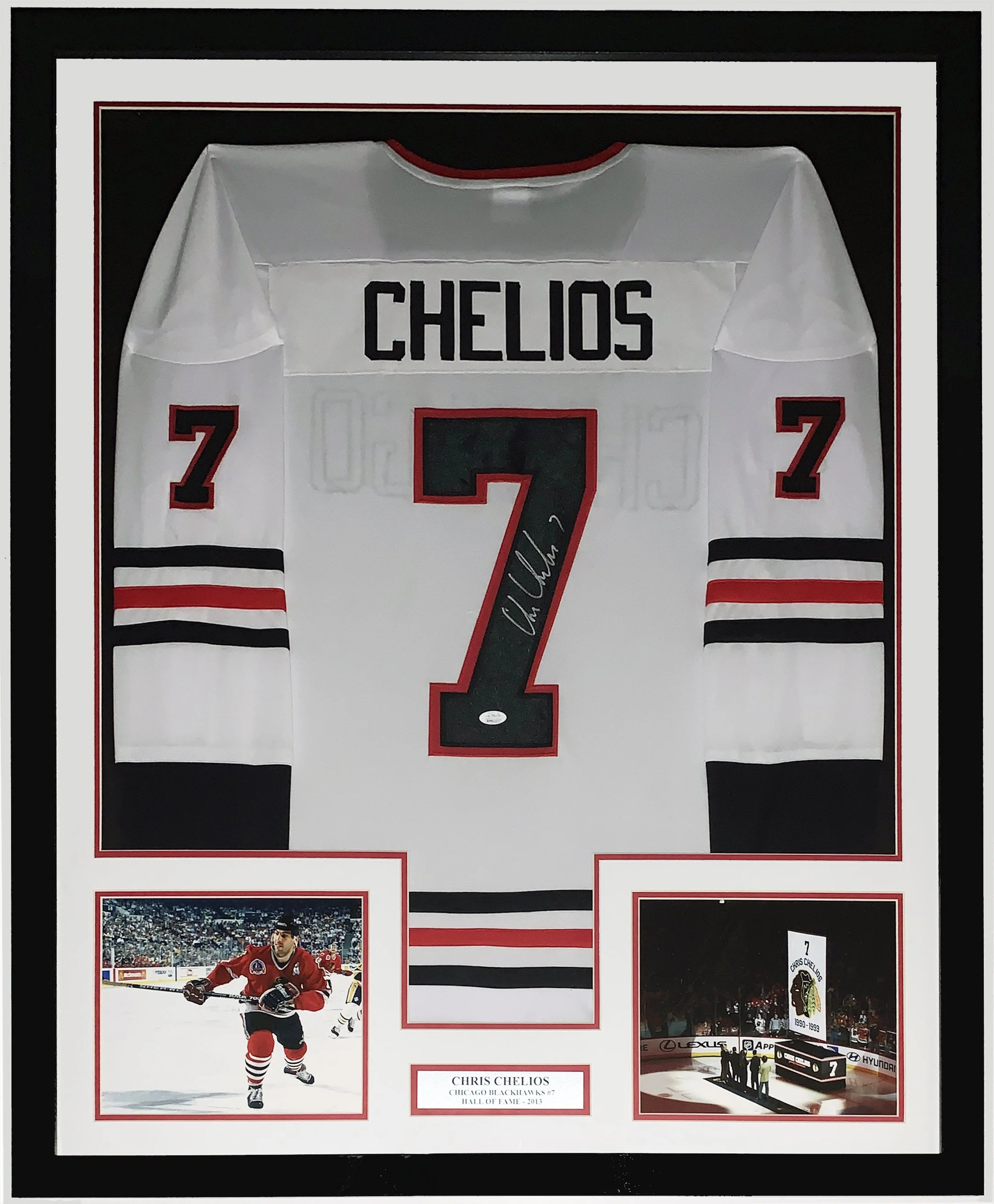 Chris Chelios Authentic Signed Chicago Blackhawks Jersey and Stanley Cup and Retirement Night Photo - JSA COA Authenticated - Professionally Framed and Plate 34x42