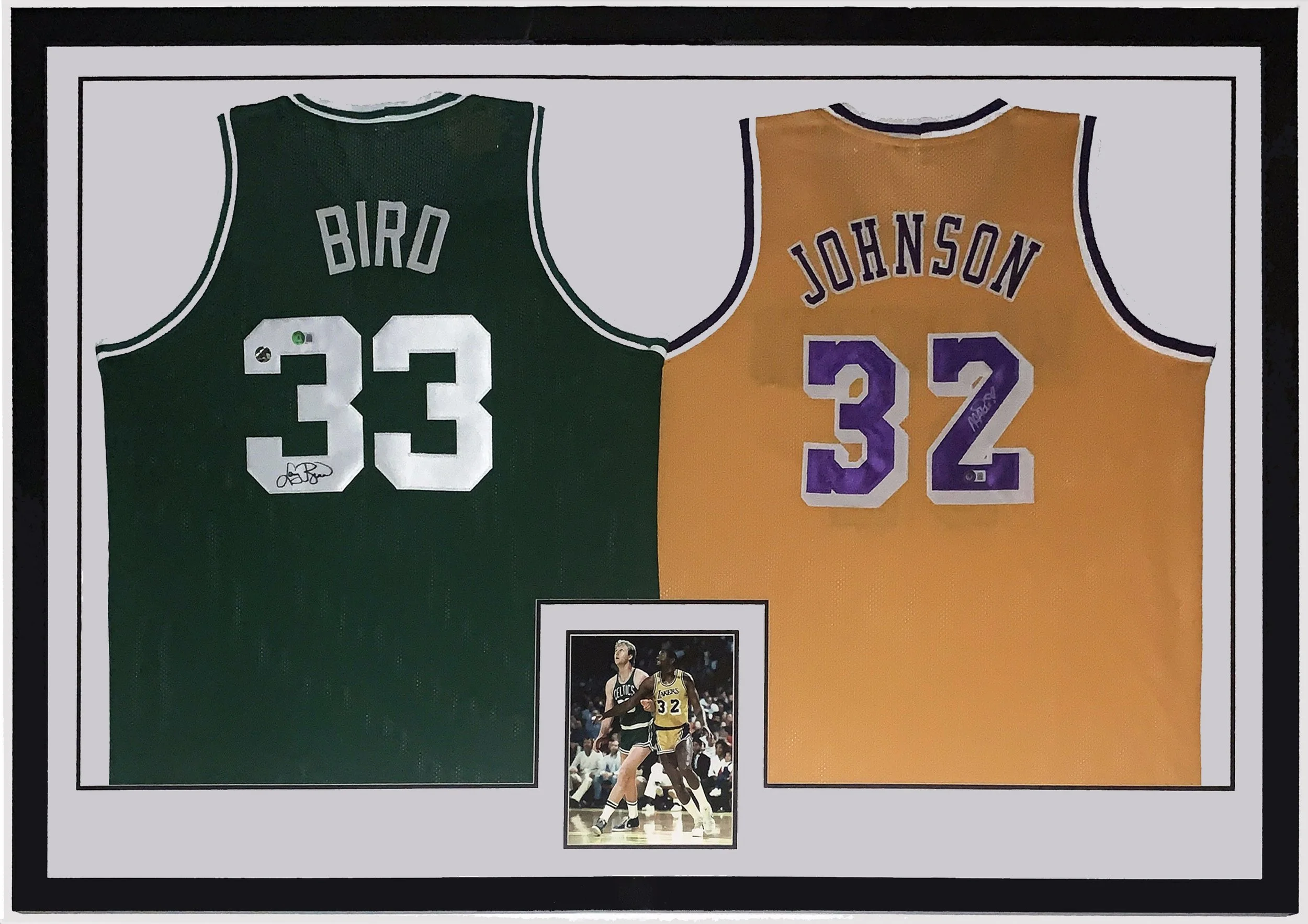 Larry Bird Signed Boston Celtics Jersey and Magic Johnson Signed Los Angeles Lakers Jersey- Beckett Authentication Services BAS COA - Professionally Framed and Photo 56x40