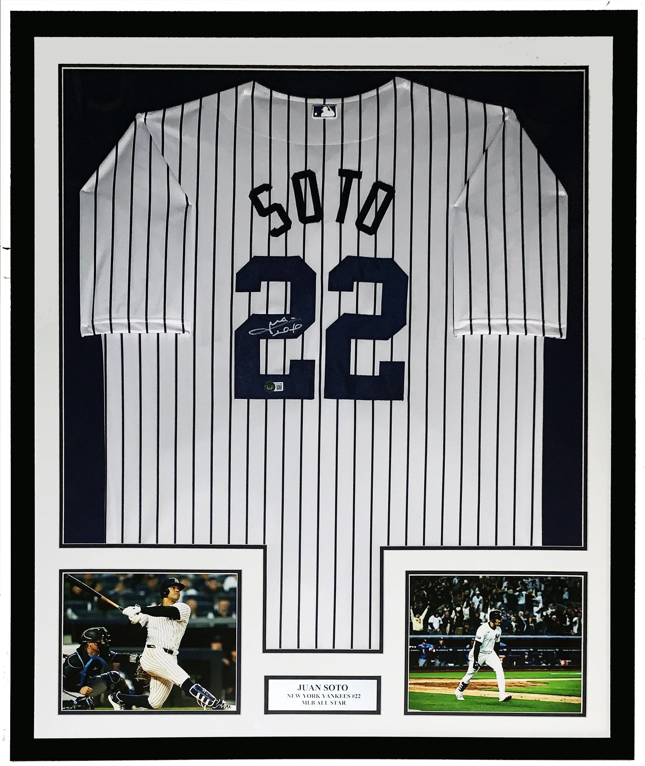 Juan Soto Authentic Signed 2024 New York Yankees Jersey - Beckett Authentication Services BAS COA - Professionally Framed and Debut Home Run Photo 34x42