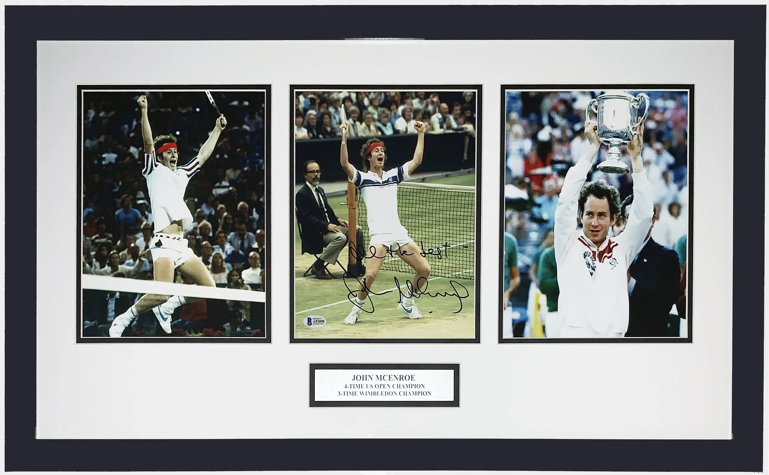 John McEnroe Signed Championship 3 8x10 Photo Compilation - Beckett BAS COA Authenticated - Professionally Framed and Grand Slam Plate 34x16