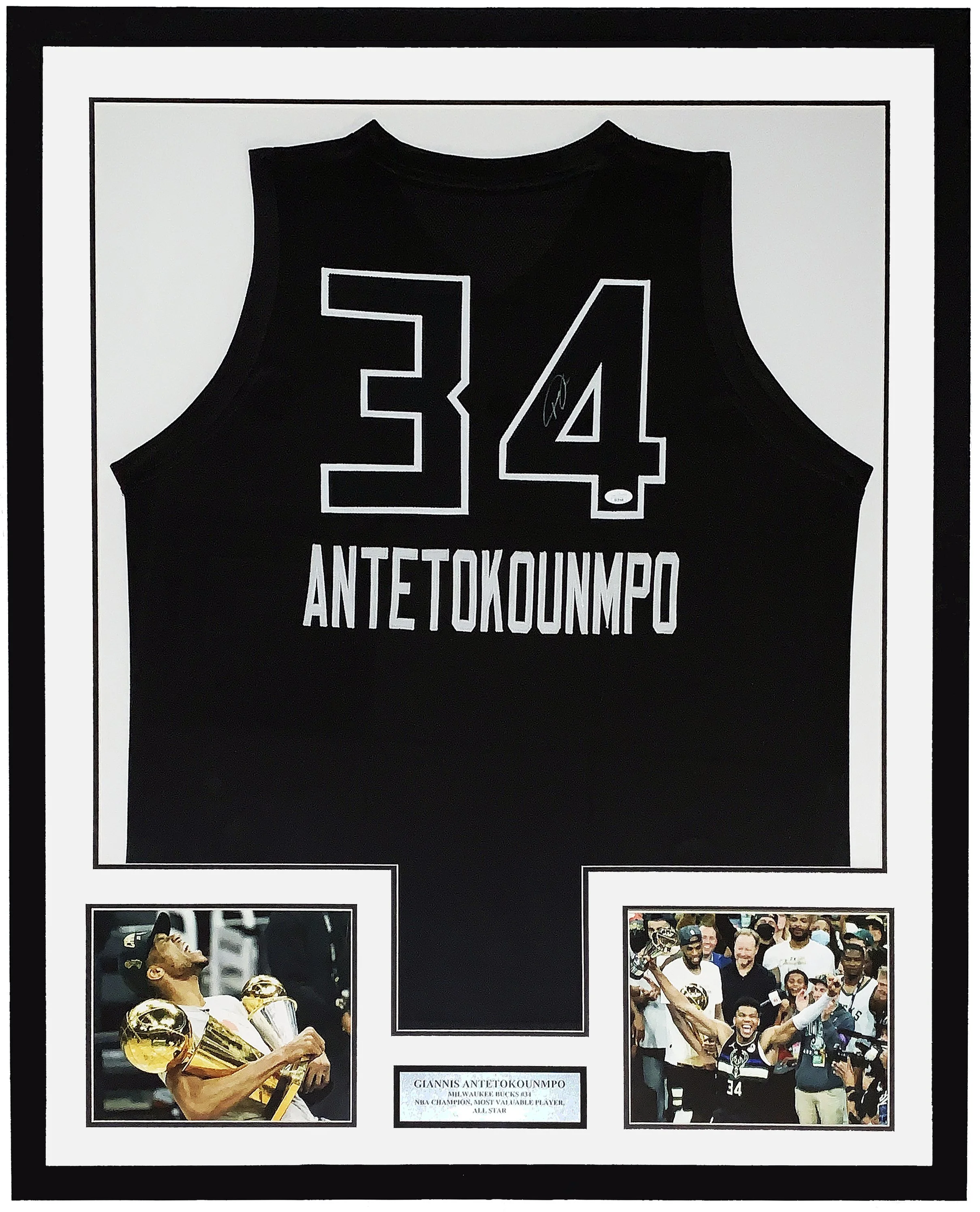 Giannis Antetokounmpo  Signed Milwaukee Bucks All Star Game Jersey and NBA Championship Photo - JSA COA Authenticated - Professionally Framed and Plate 34x42