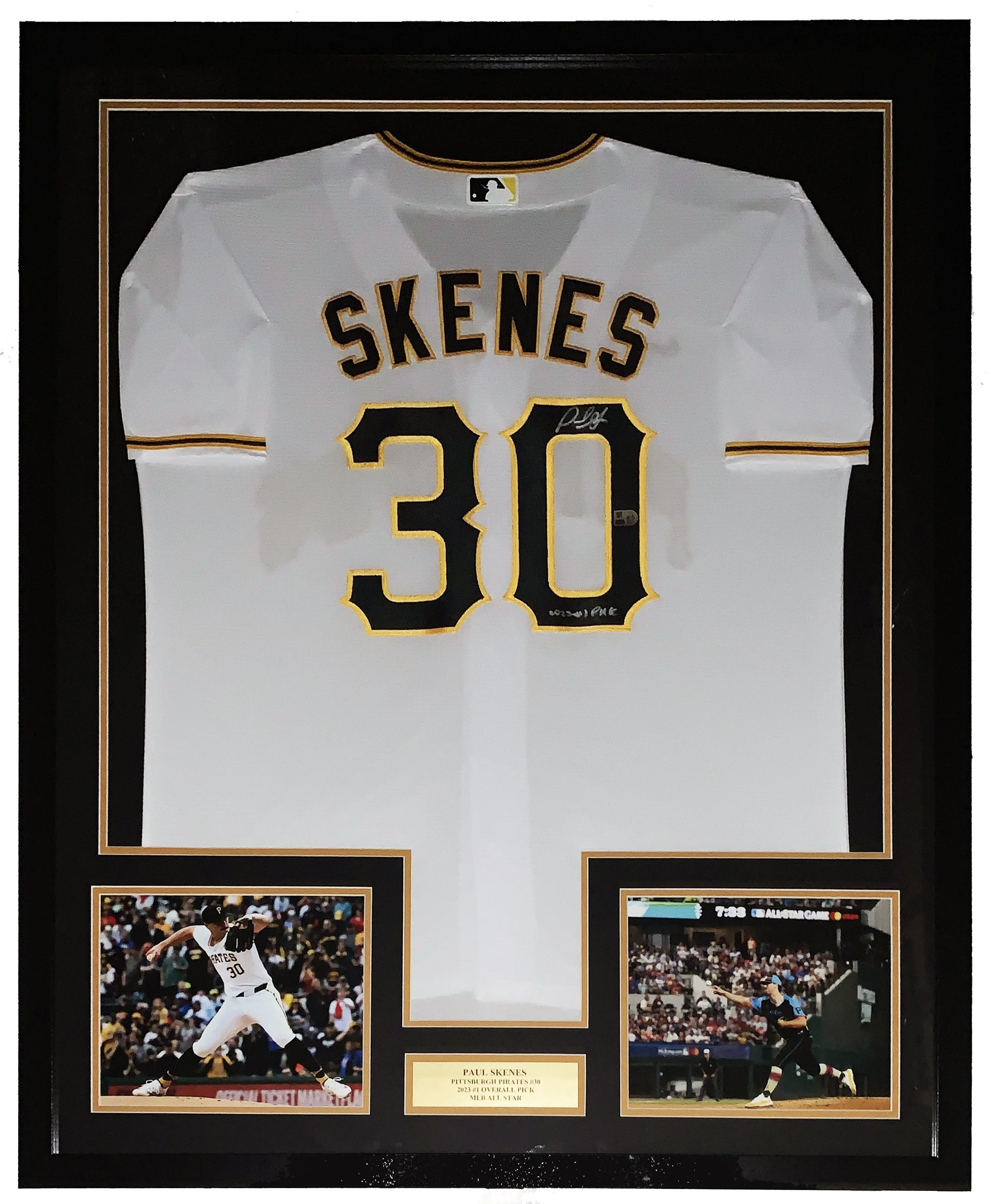 Paul Skenes Signed Authentic Pittsburgh Pirates Jersey - MLB COA Authenticated - Professionally Framed and All Star and 1st Game Photo and Plate