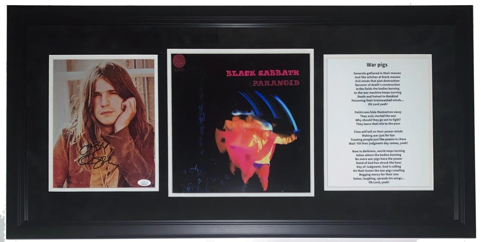 Ozzy Osbourne Autographed 8x10 Photo and Black Sabbath Album and Lyrics - JSA COA Authenticated - Professionally Framed 32x18