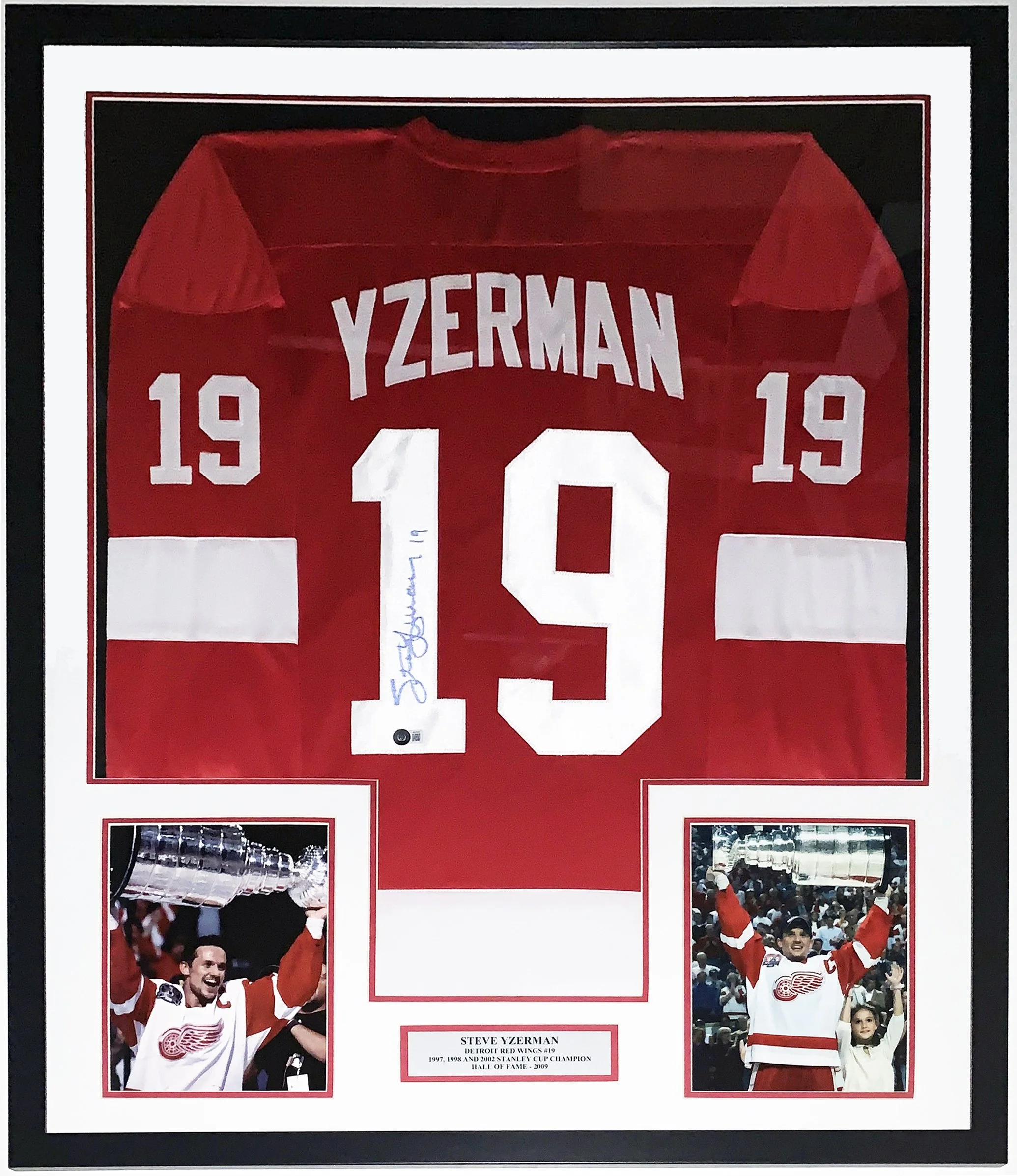 Steve Yzerman Authentic Signed Detroit Red Wings Jersey and Stanley Cup Photo - Beckett BAS COA Authenticated COA Authenticated - Professionally Framed and Photo and Plate 34x42