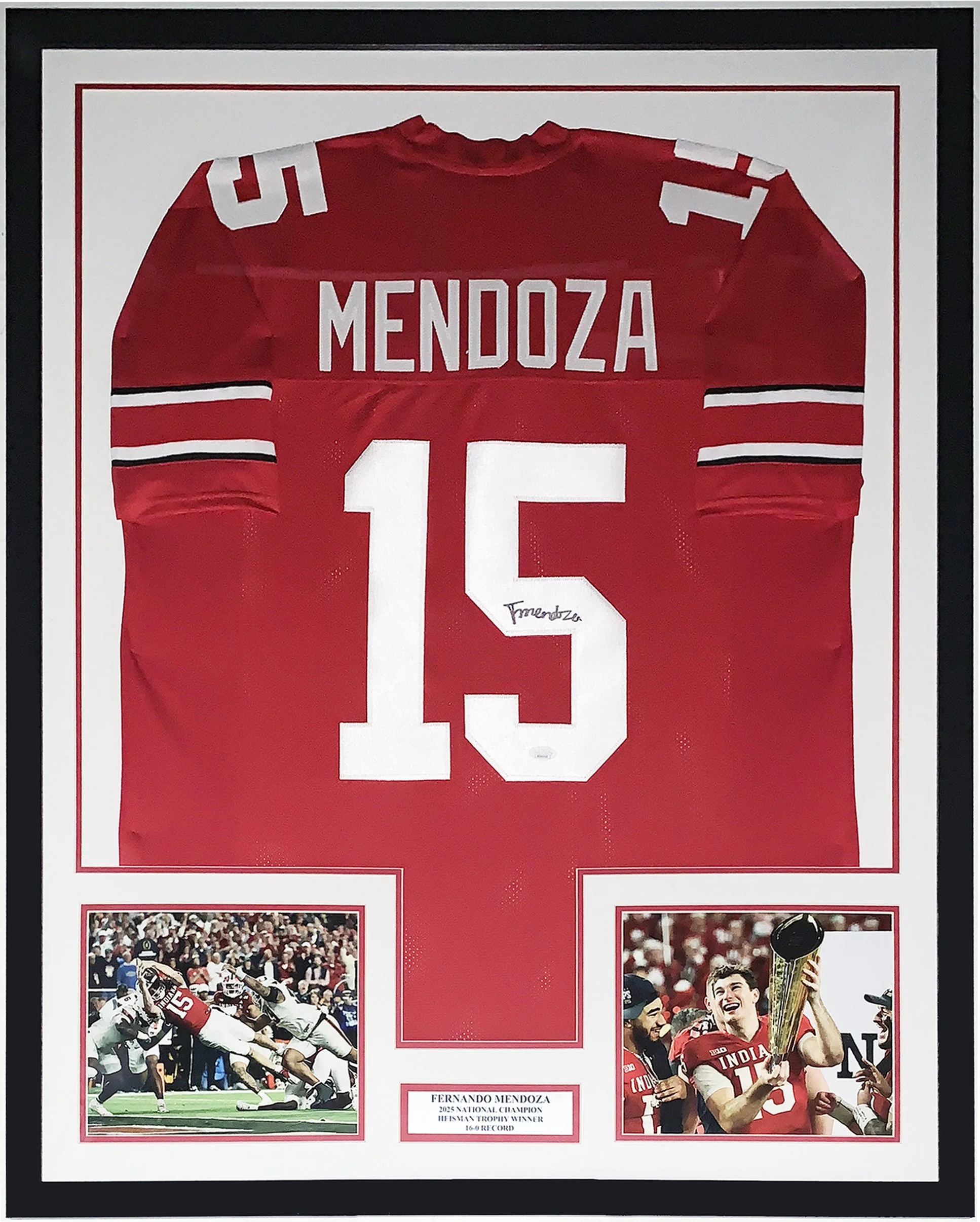 Fernando Mendoza Authentic Signed 2025 Indiana Hoosiers Jersey and National Championship Photo - JSA COA Authenticated - Professionally Framed and Undefeated and Heisman Winner Plate