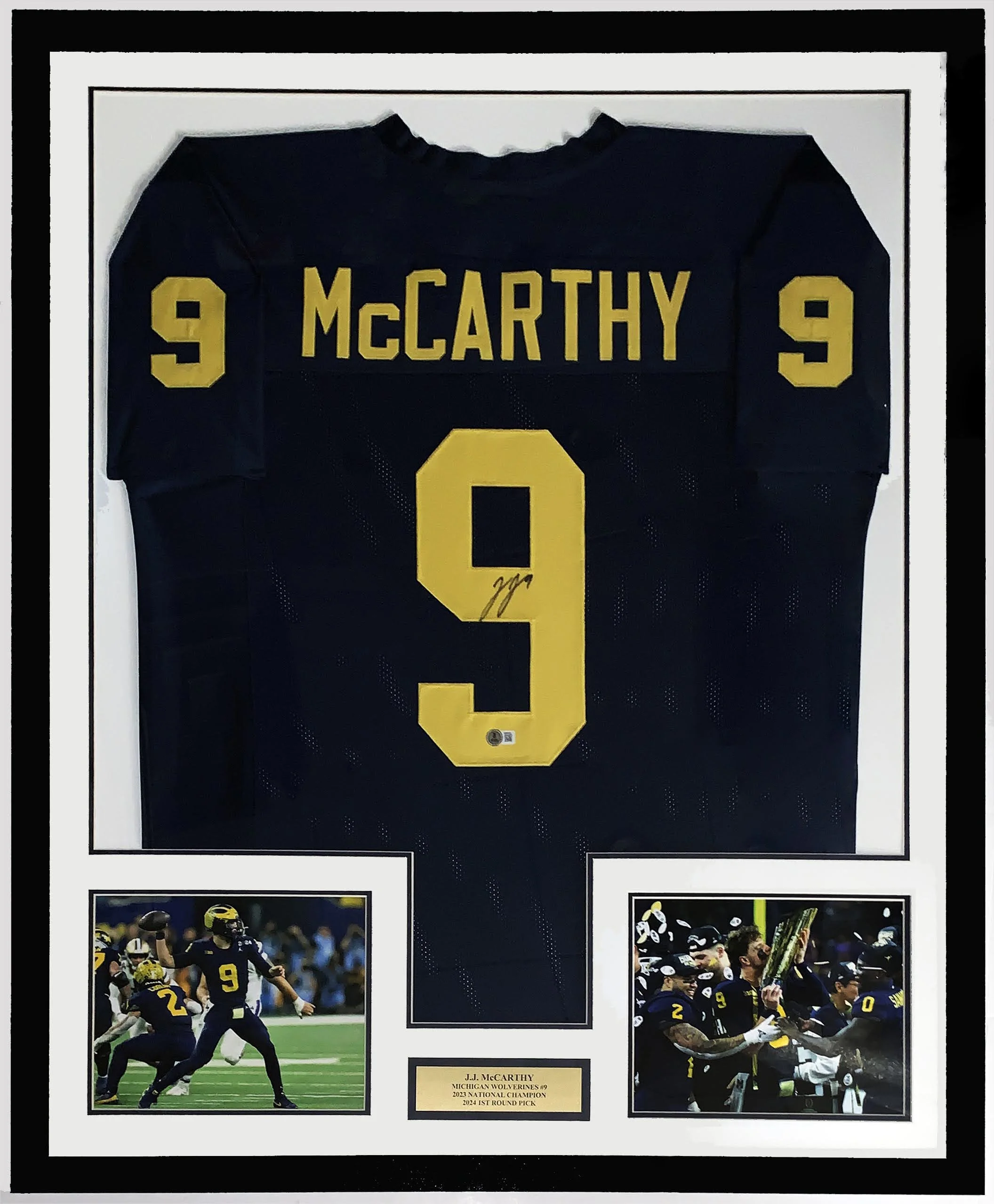 J.J. McCarthy Authentic Signed 2023 University of Michigan Wolverines Jersey - Beckett BAS COA Authenticated - Professionally Framed and 2024 Championship Photo and Plate