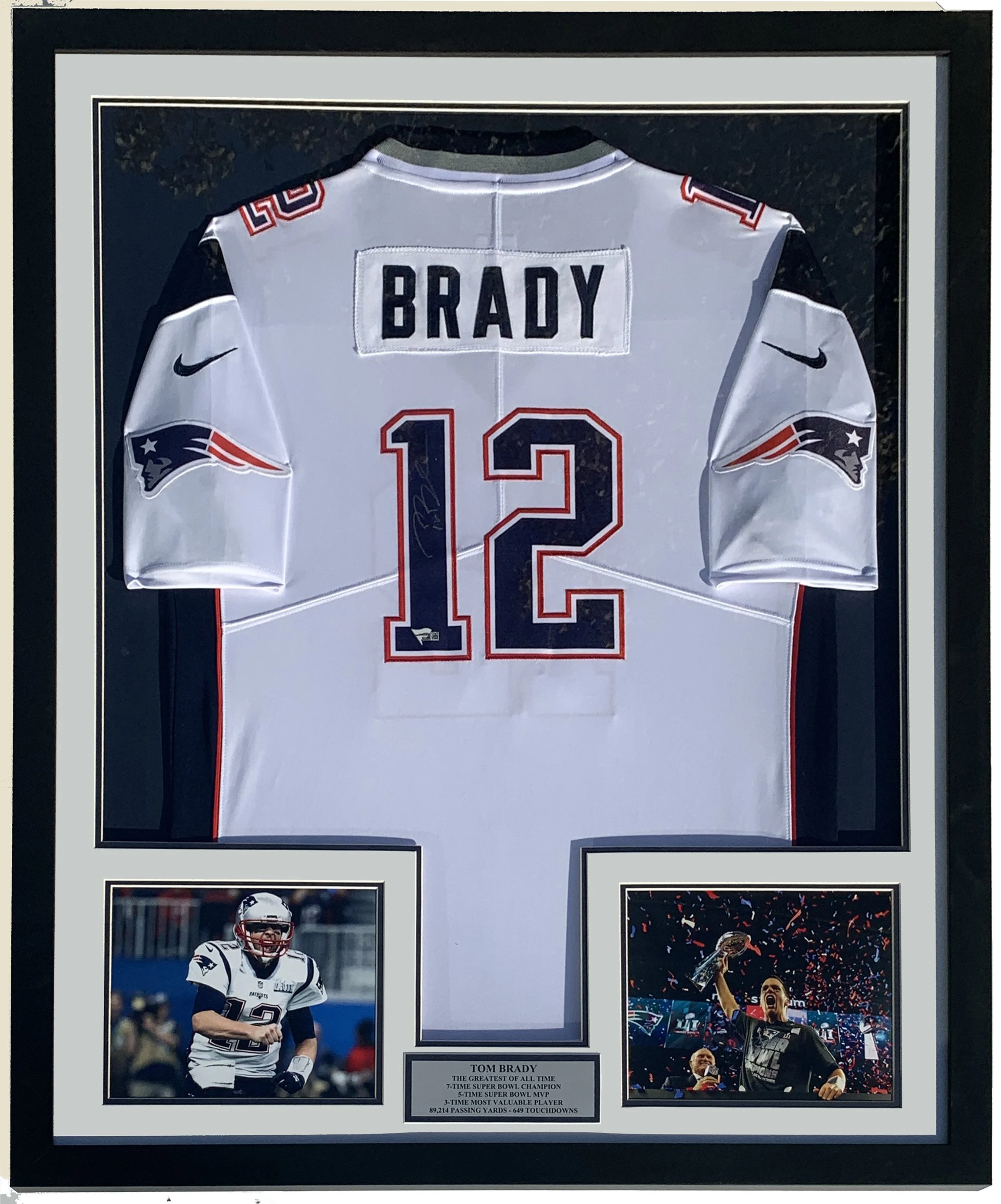 Tom Brady Signed Authentic Nike New England Patriots Jersey and Greatest of All Time Plate - Fanatics COA Authenticated- Professionally Framed and 2 Super Bowl 8x10 Photo 34x42