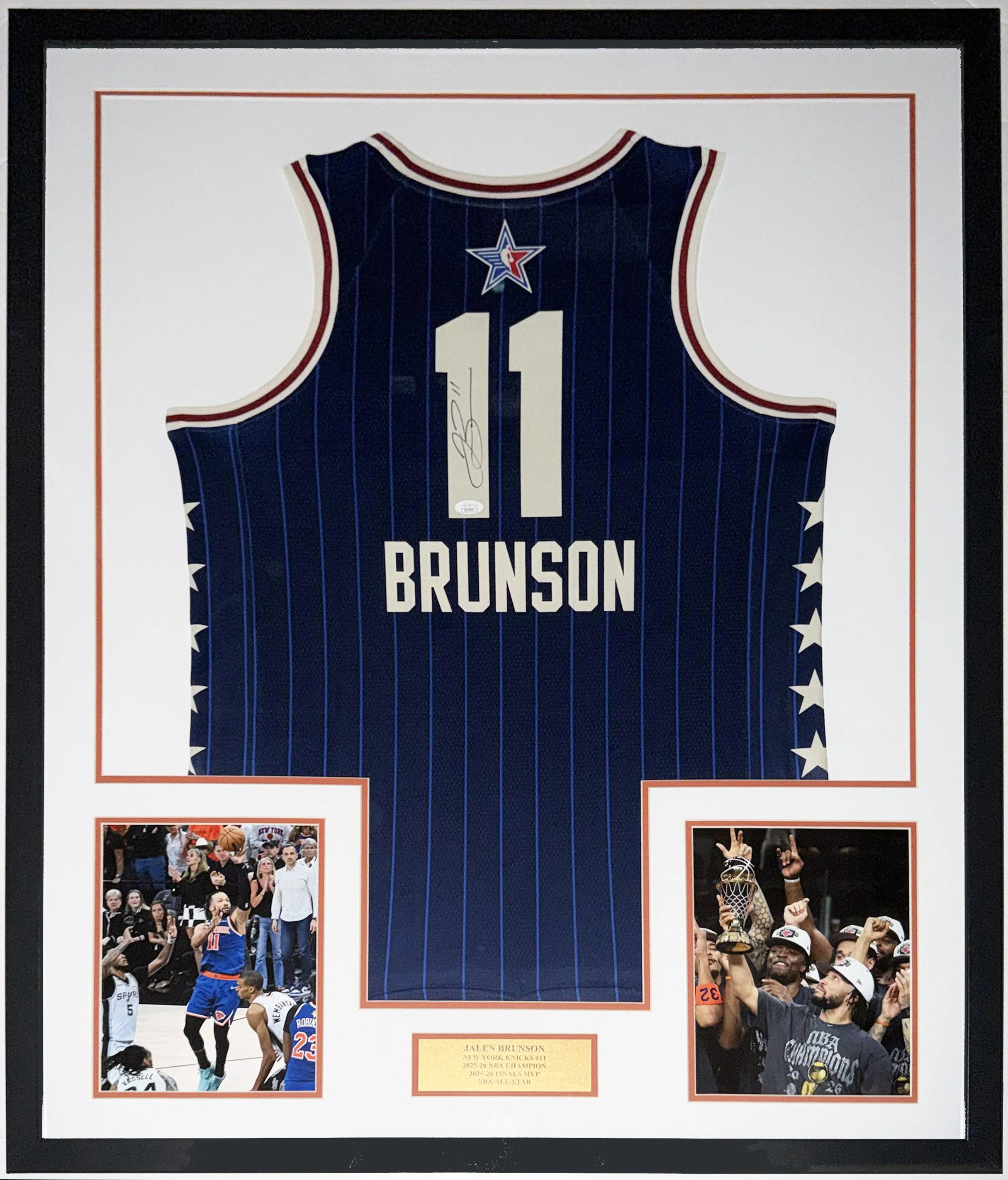 Jalen Brunson Signed Authentic New York Knicks All Star Jersey and 2026 NBA Championship Photo - JSA COA Authenticated - Professionally Framed and MVP Plate 34x42