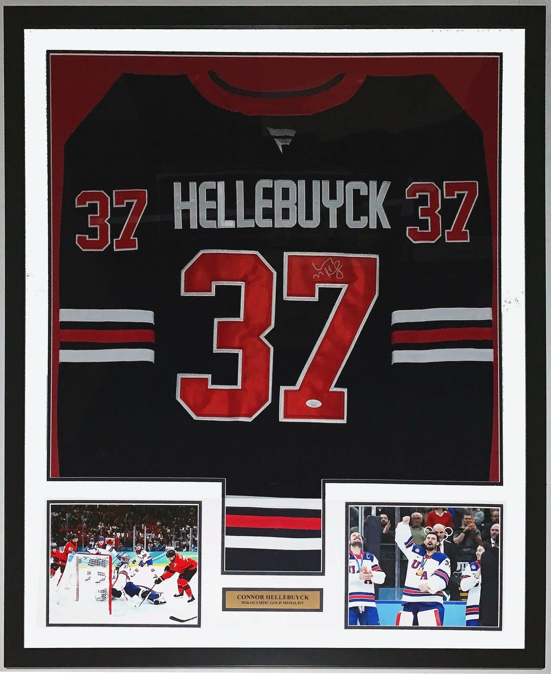 Connor Hellebuyck Signed Authentic NHL Jersey and 2026 Olympic Gold Medal Photo  - JSA COA Authenticated - Professionally Framed Framed and Plate