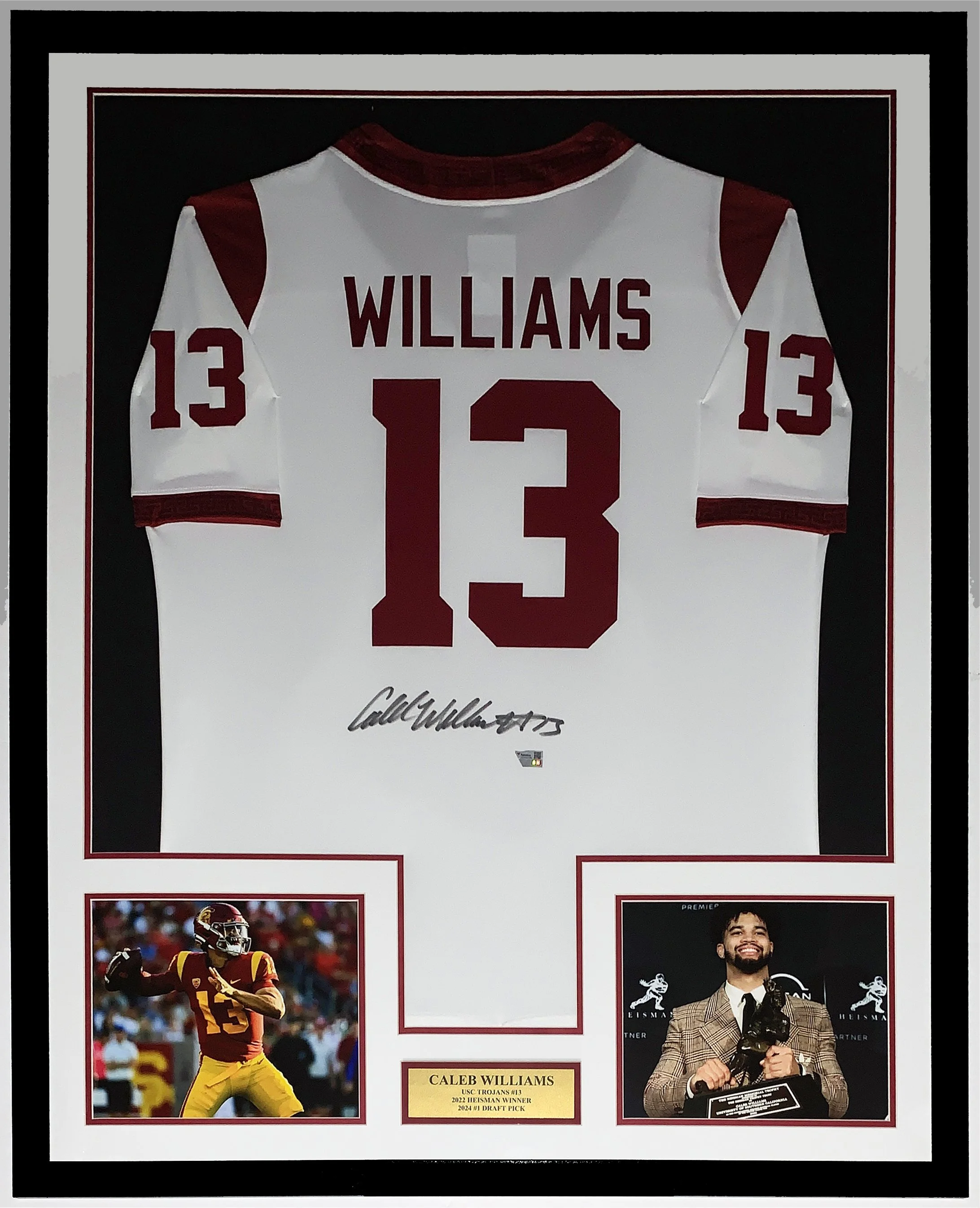 Caleb Williams Signed Authentic USC Trojans Jersey and 2024 Number 1 NFL Draft Pick Plate - Fanatics COA Authenticated - Professionally Framed and Heisman Photo