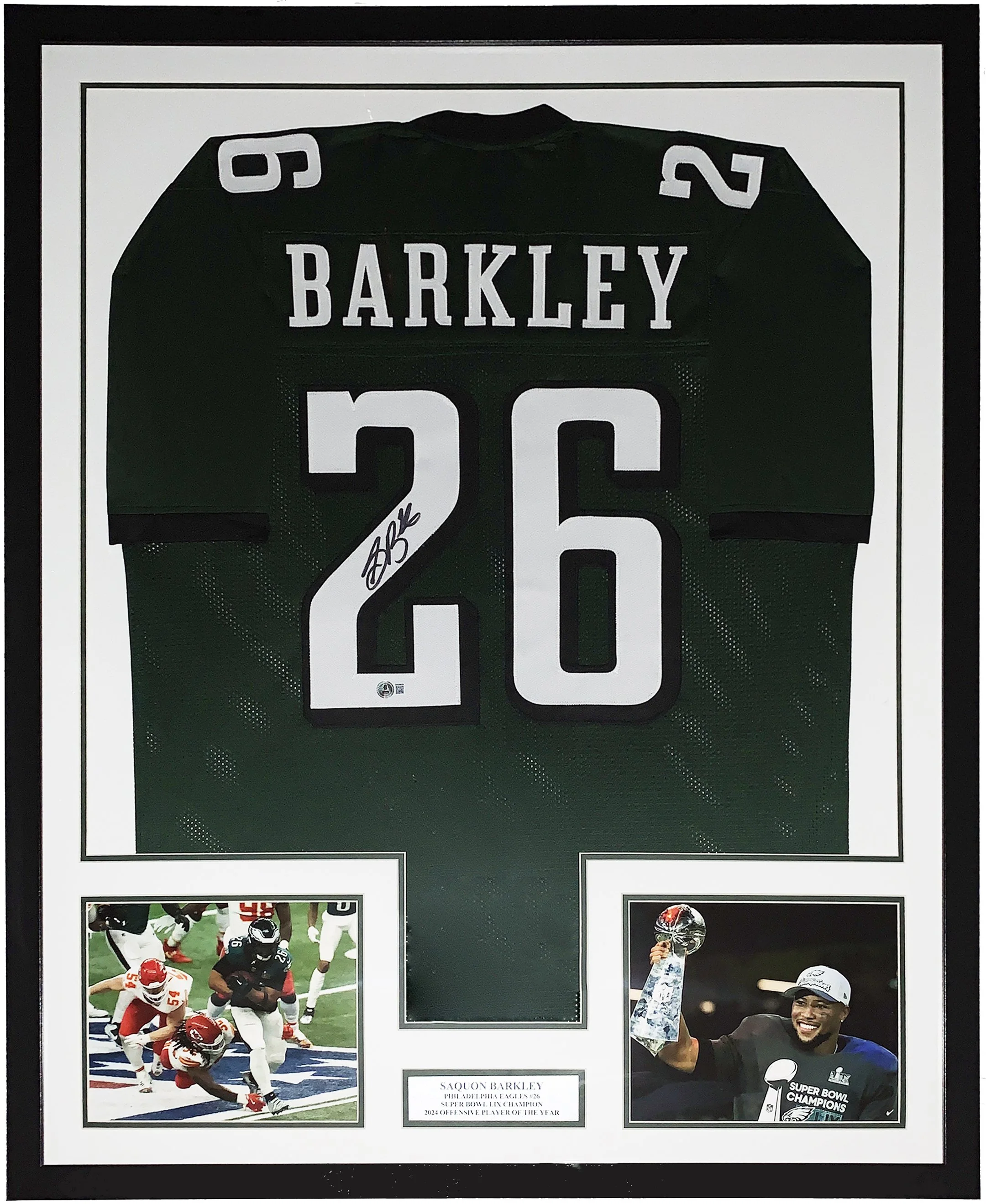 Saquon Barkley Authentic Signed 2024 Philadelphia Eagles Jersey and Super Bowl LIX Photo - Beckett Authentication Services BAS COA - Professionally Framed and Plate