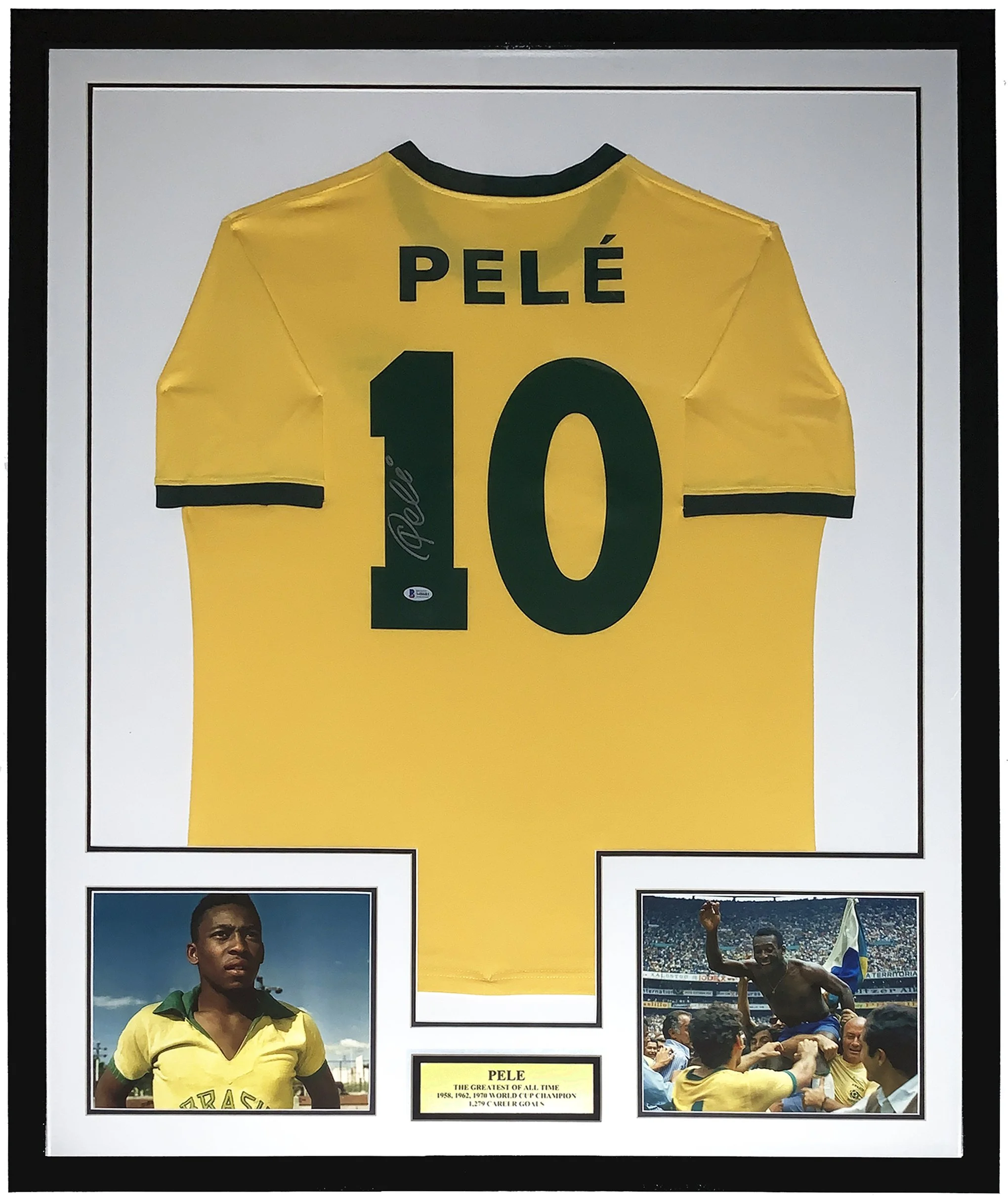 Pele Signed FC Brazil Jersey and World Cup Photo - Beckett BAS COA Authenticated - Professionally Framed and Record Plate 34x42