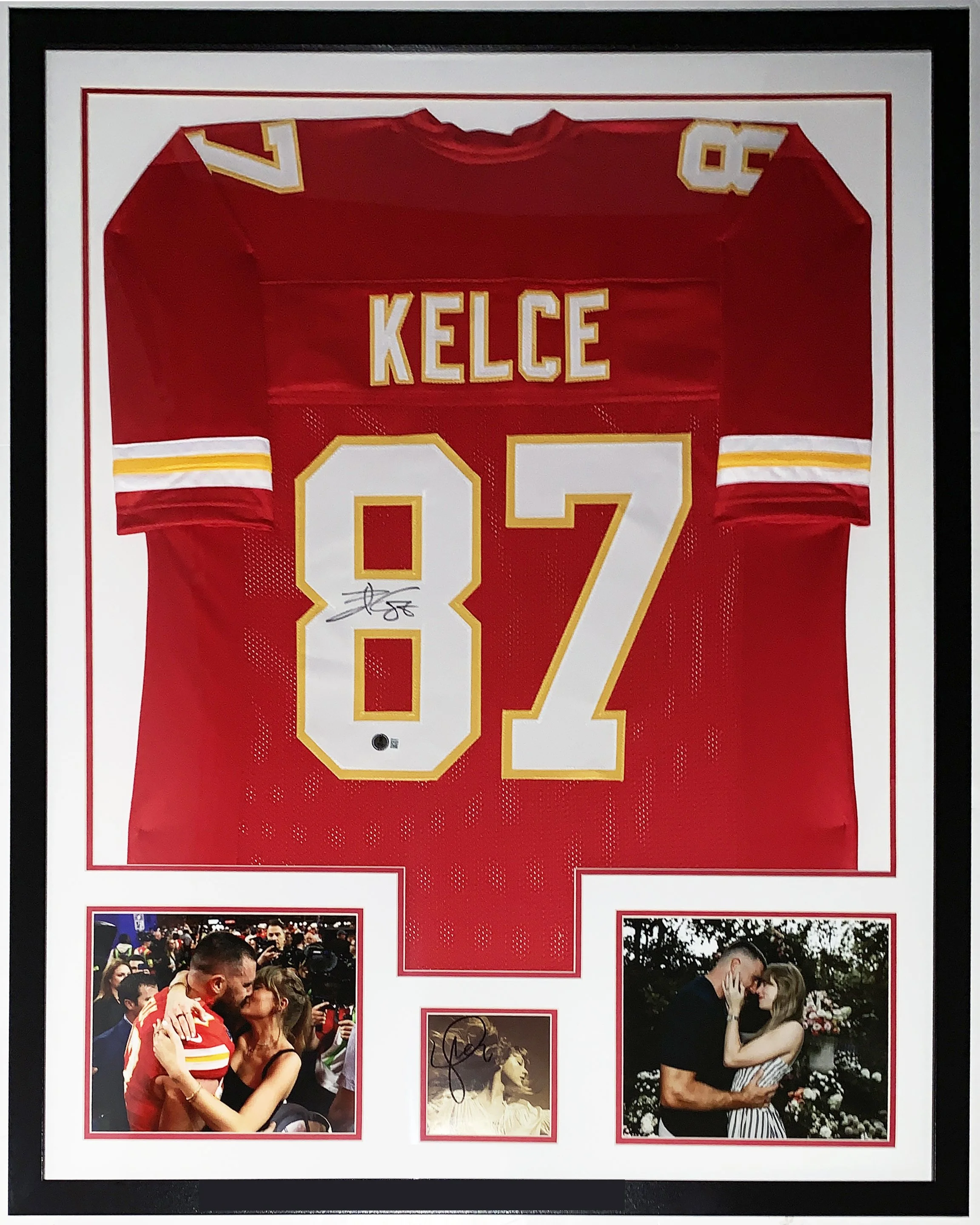 Taylor Swift and Travis Kelce Dual Autographed Fearless Album and Kansas City Chiefs Jersey - Beckett BAS COA Authenticated - Professionally Framed and Super Bowl and Engagement Photo 34x42