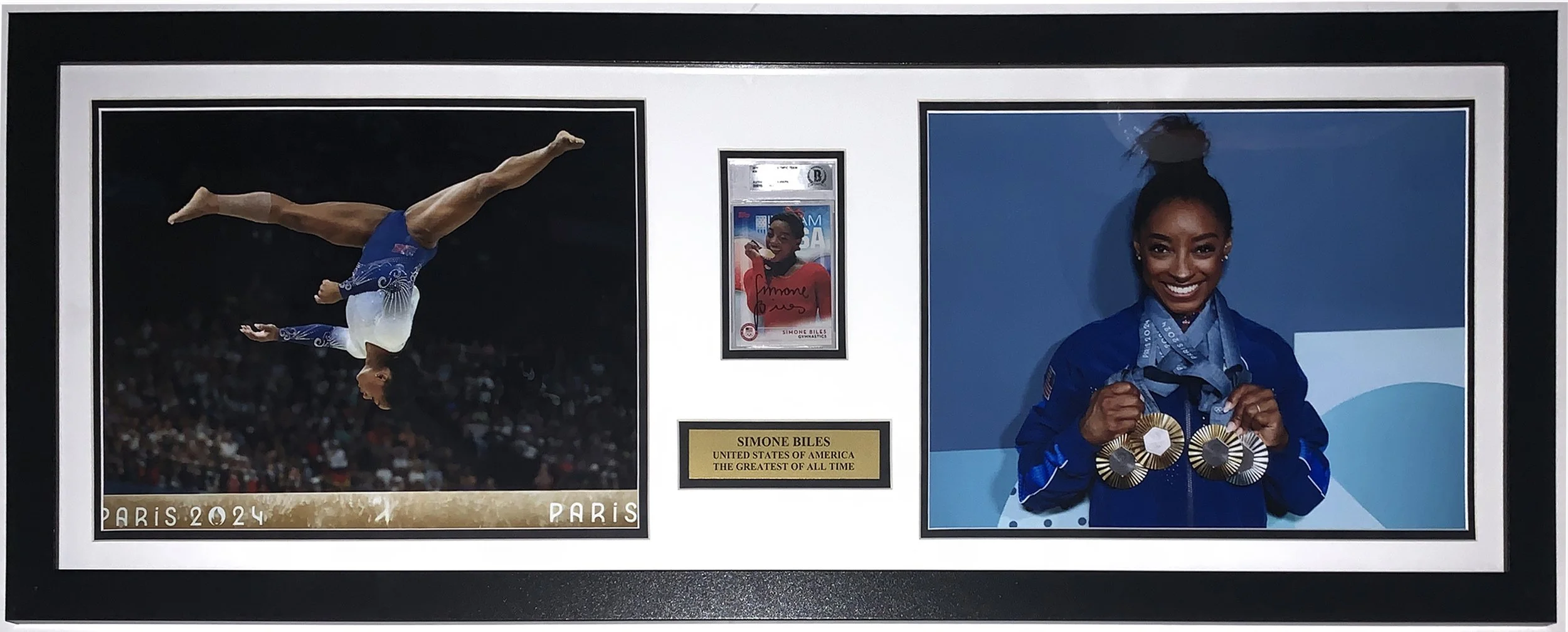 Simone Biles Autographed 2024 USA Olympics Photo and Topps Rookie Card Compilation - Beckett BAS COA Authentication - Professionally Framed and GOAT Plate 38x16