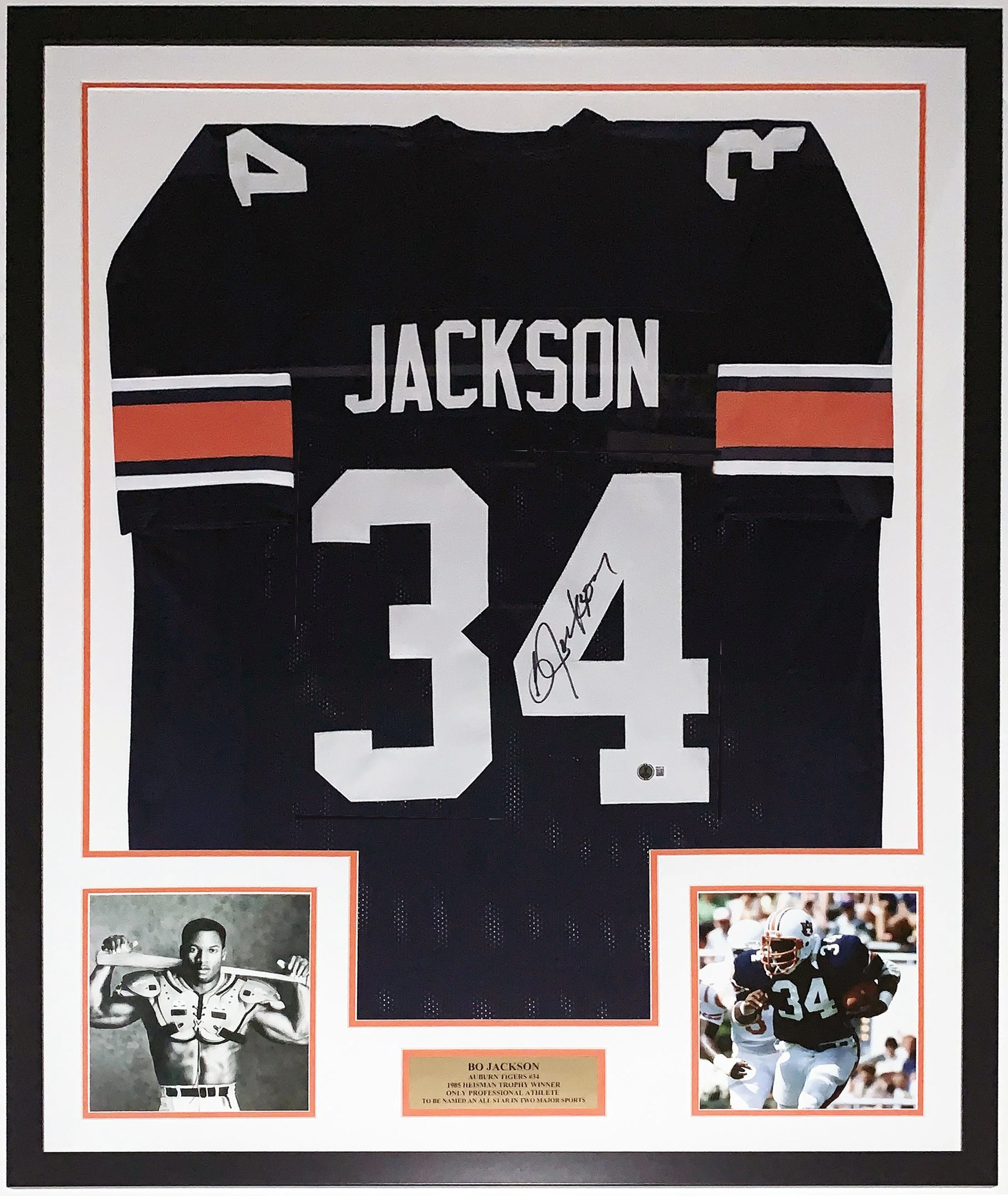 Bo Jackson Signed Authentic Auburn Tigers Jersey and Bo Knows Photo - Beckett BAS COA Authenticated - Professionally Framed and Plate