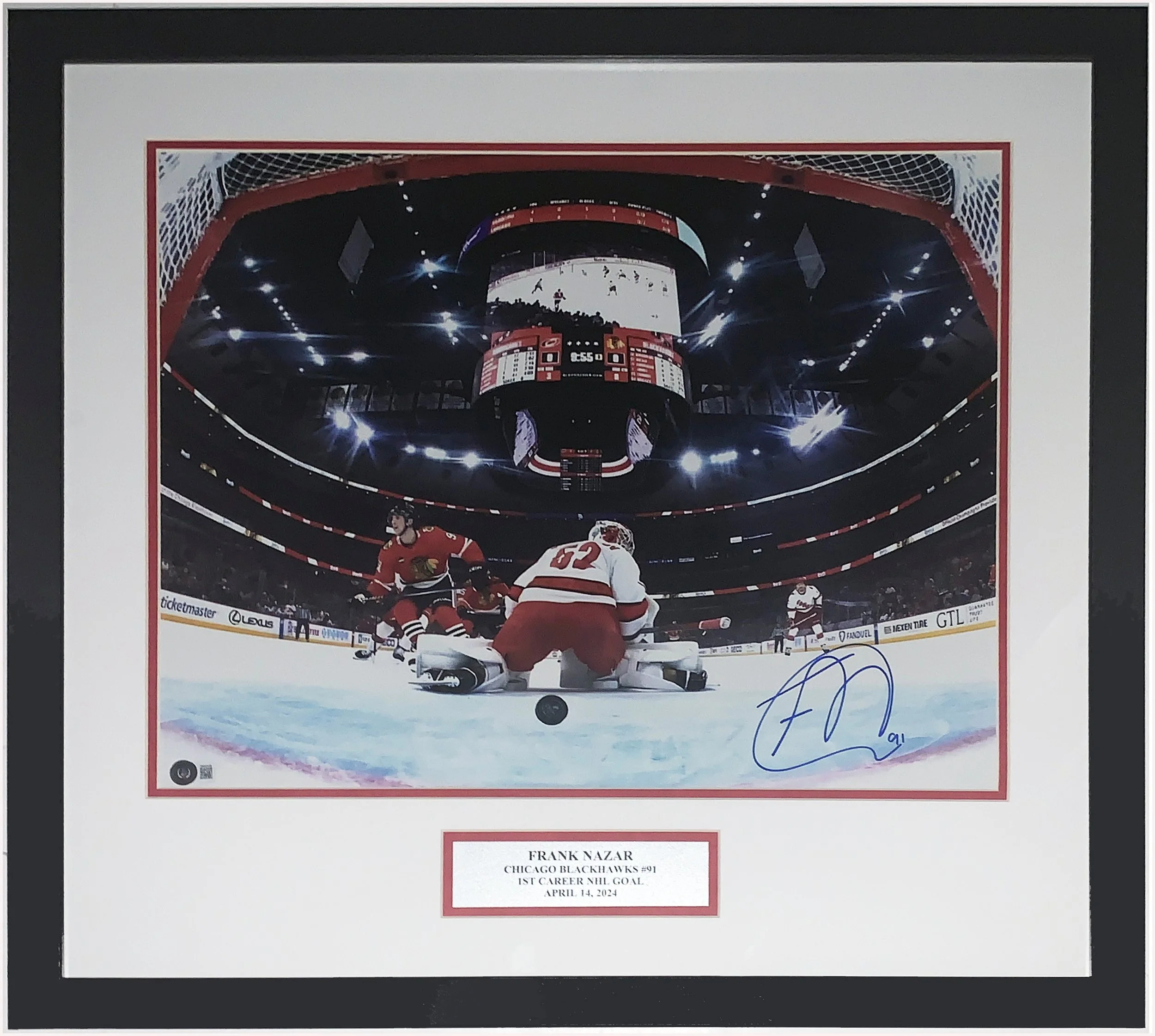 Frank Nazar Signed Chicago Blackhawks 1st NHL Goal 16x20 Photo - Beckett BAS COA Authenticated - Professionally Framed and Plate