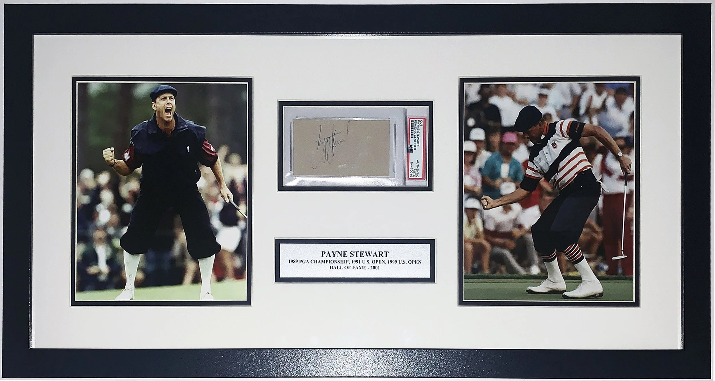 Payne Stewart Signed PGA Championship and US Open Photo Compilation - PSA DNA COA Authenticated - Professionally Framed and Hall of Fame Plate 32x18