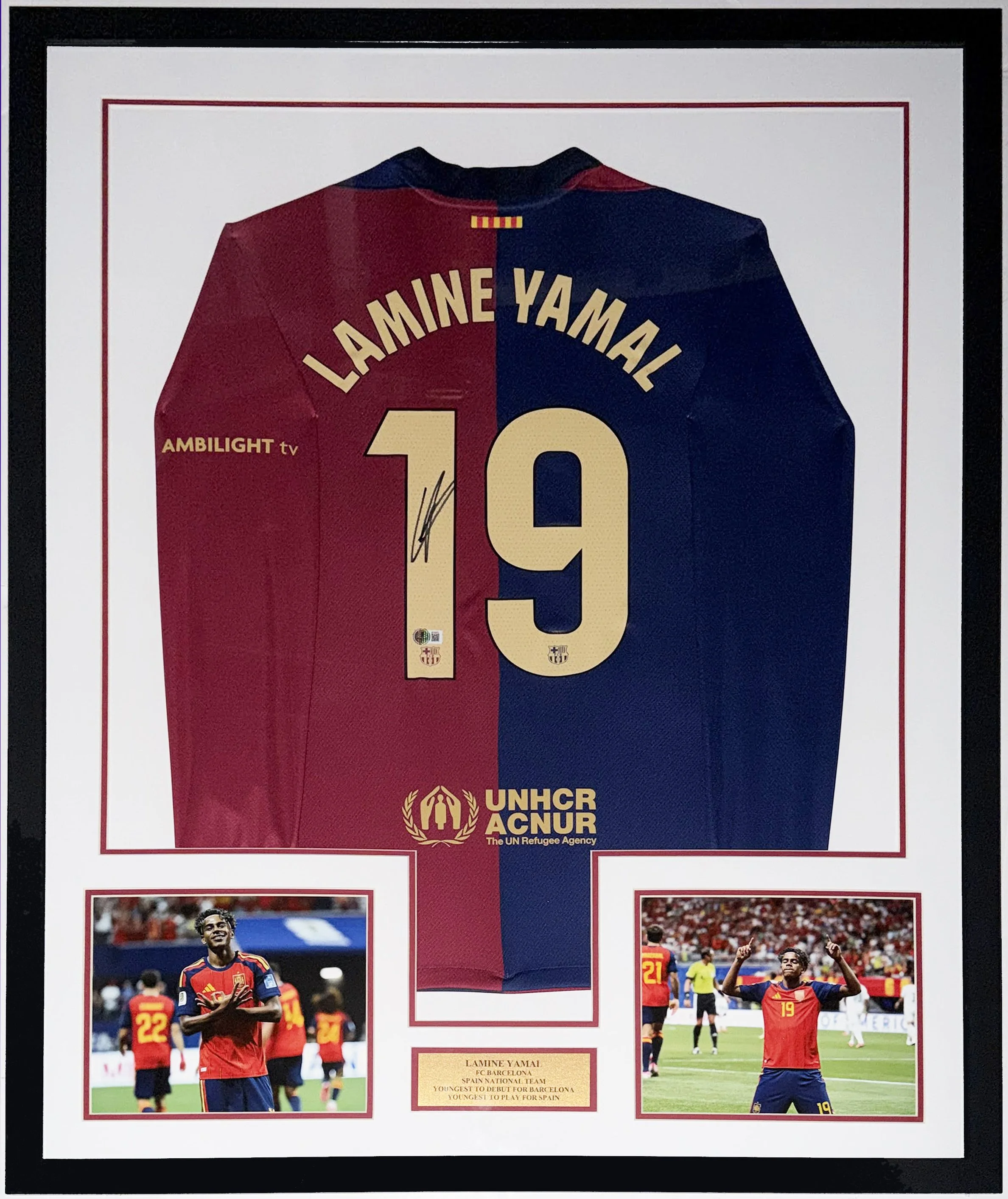 Lamine Yamal Signed Authentic Nike Barcelona Jersey - Beckett BAS COA Authenticated - Professionally Framed and Debut Plate and 304 Goal and World Cup Celebration Photo 34x42