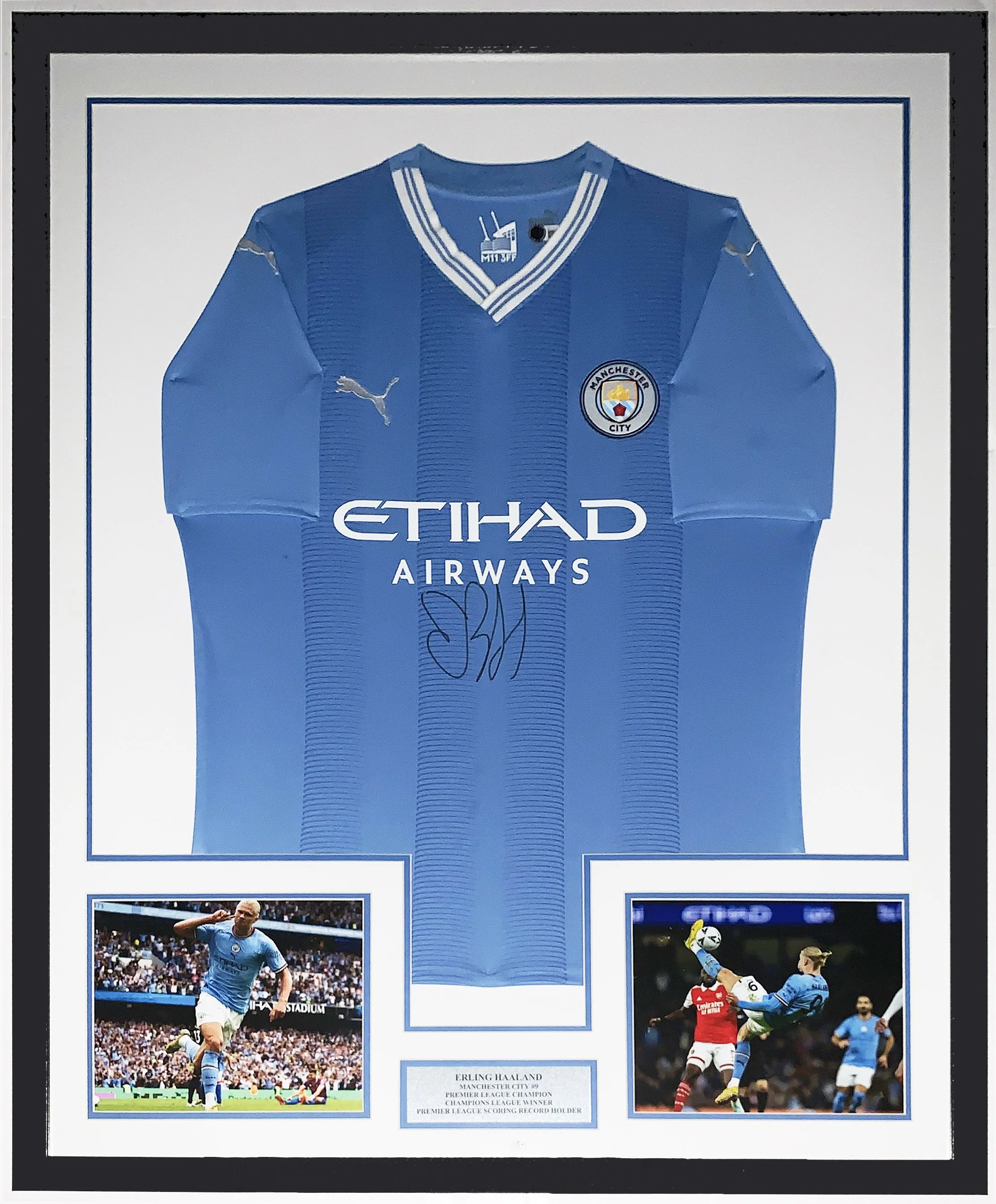 Erling Haaland Signed Authentic Manchester City Jersey - Beckett Authentication Services BAS COA Authenticated - Professionally Framed and Goal Photo and Scoring Record Plate 34x42