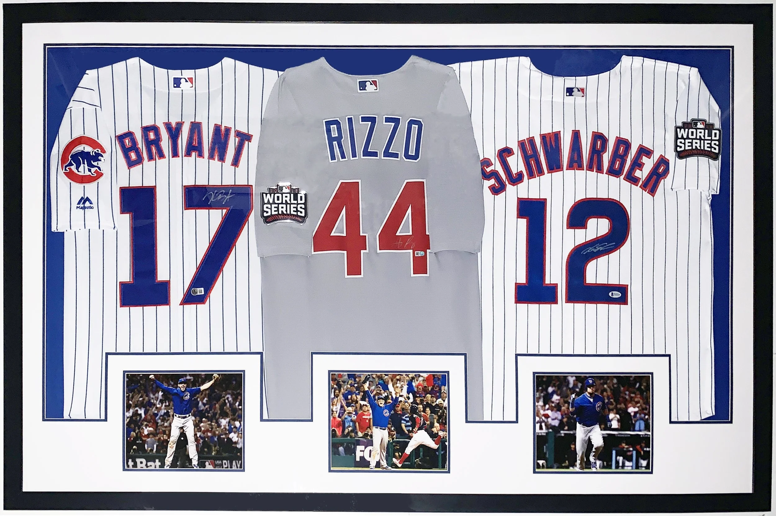 Kris Bryant , Anthony Rizzo , Kyle Schwarber Autographed 3 Chicago Cubs 2016 World Series Jersey - MLB Beckett COA Authenticated - Professionally Framed and Photo 62x40