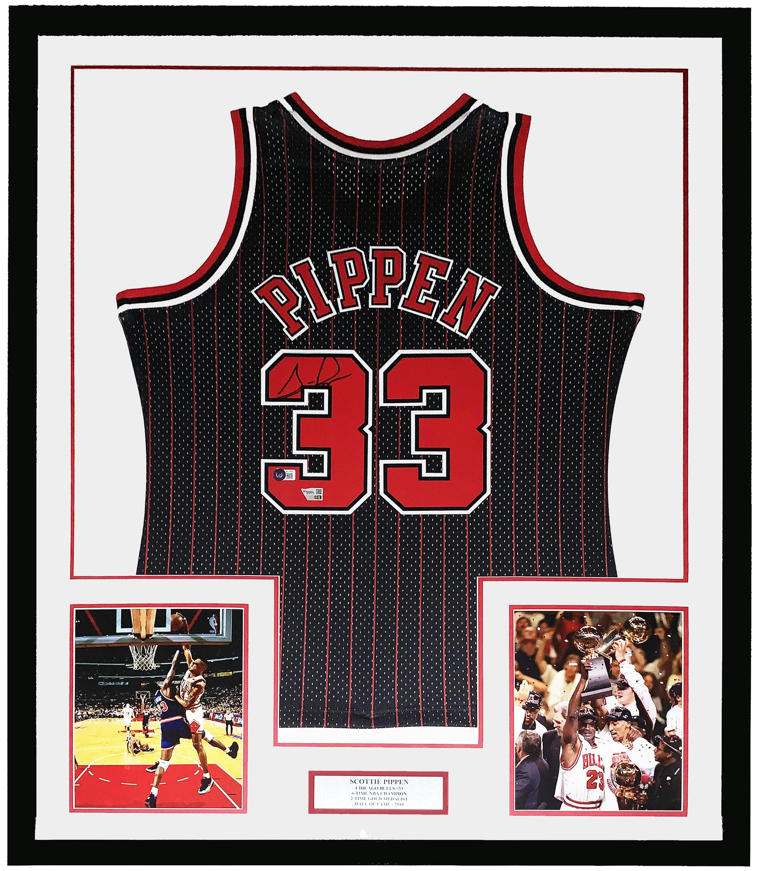 Scottie Pippen Signed Authentic Chicago Bulls Jersey and Championship Photo - Beckett and Fanatics COA Authenticated - Professionally Framed and Plate 34x42