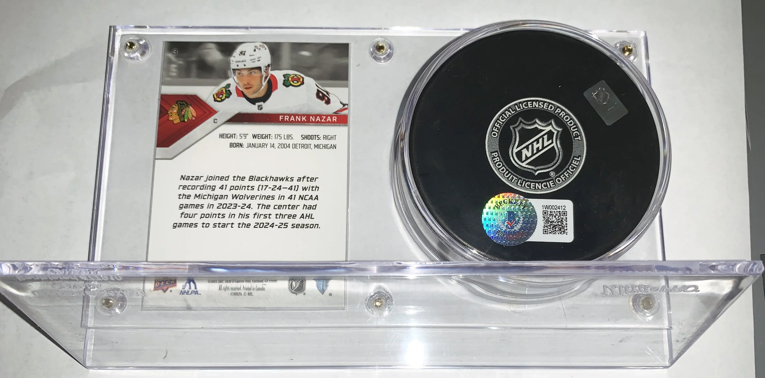 Bleachers Sports Music and Framing  Frank Nazar Signed Chicago Blackhawks NHL  Puck Upper Deck Rookie Card - Beckett COA and Display