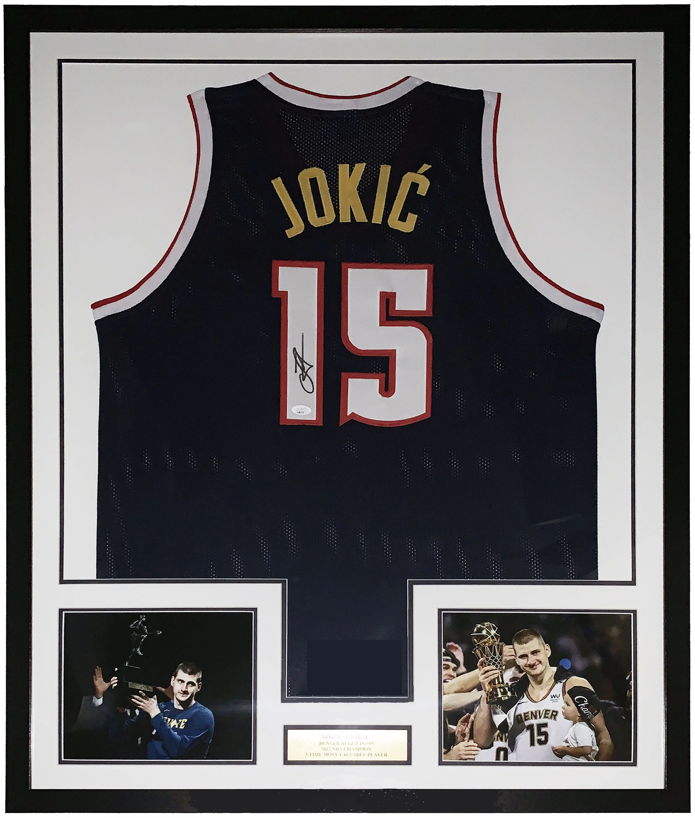 Nikola Jokic Authentic Signed Denver Nuggets Jersey and 2023 NBA Championship MVP Photo - JSA COA Authenticated - Professionally Framed and Plate