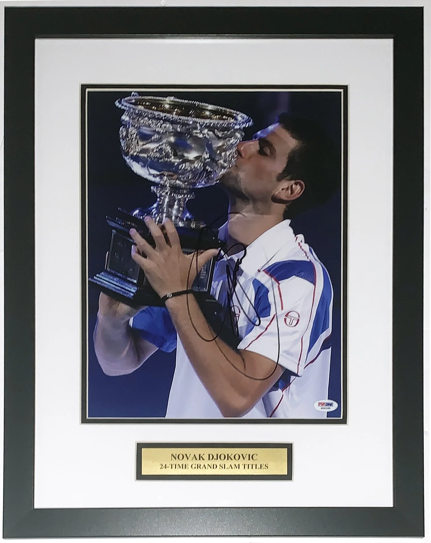 Novak Djokovic Signed Trophy Celebration 11x14 Photo and 24 Time Grand Slam Champion Plate - PSA DNA COA Authenticated - Professionally Framed