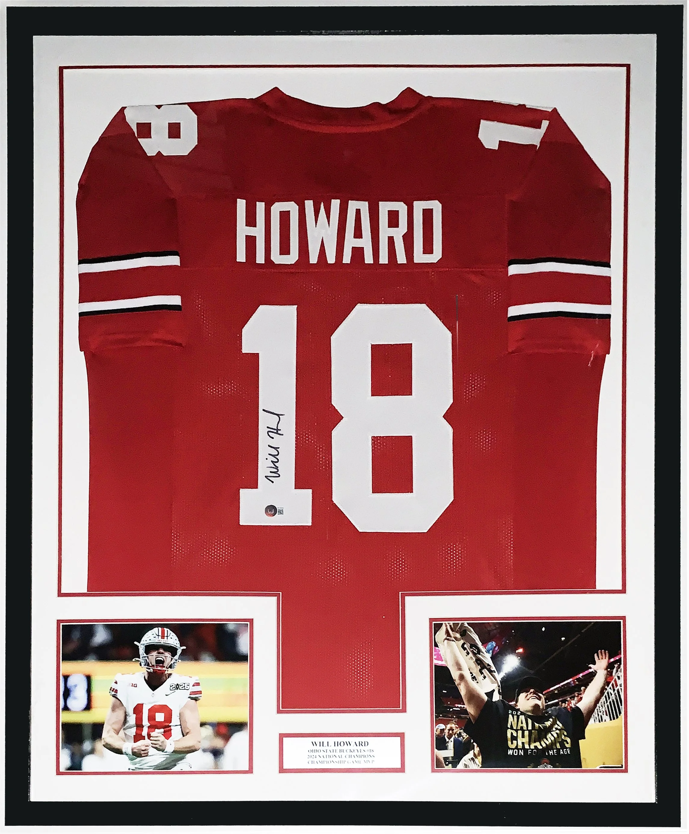 Will Howard Authentic Signed 2024 Ohio State Buckeyes Jersey and National Championship Photo - Beckett Authentication Services BAS COA - Professionally Framed and MVP Plate