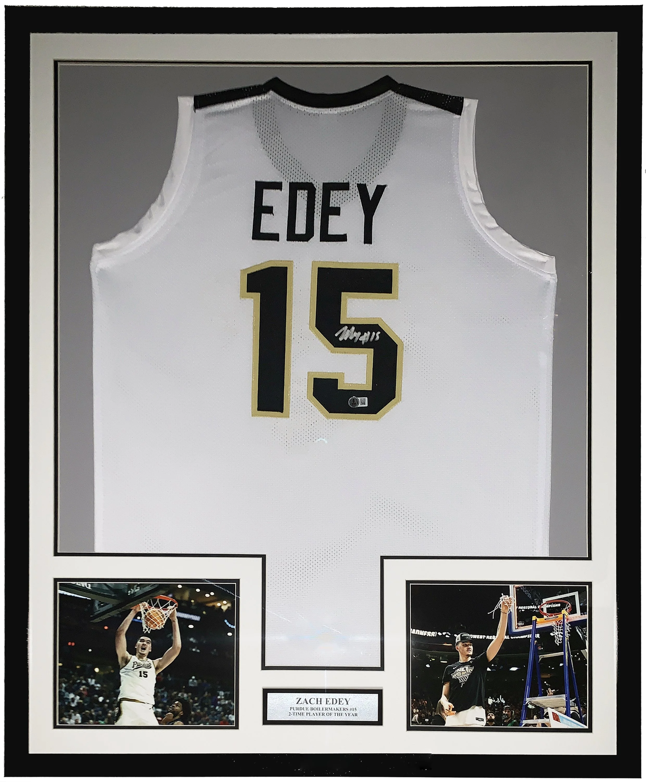 Zach Edey Authentic Signed Purdue Boilermakers Jersey and 2-TIme Player of the Year Plate - Beckett BAS COA Authenticated - Professionally Framed and Final Four Photo
