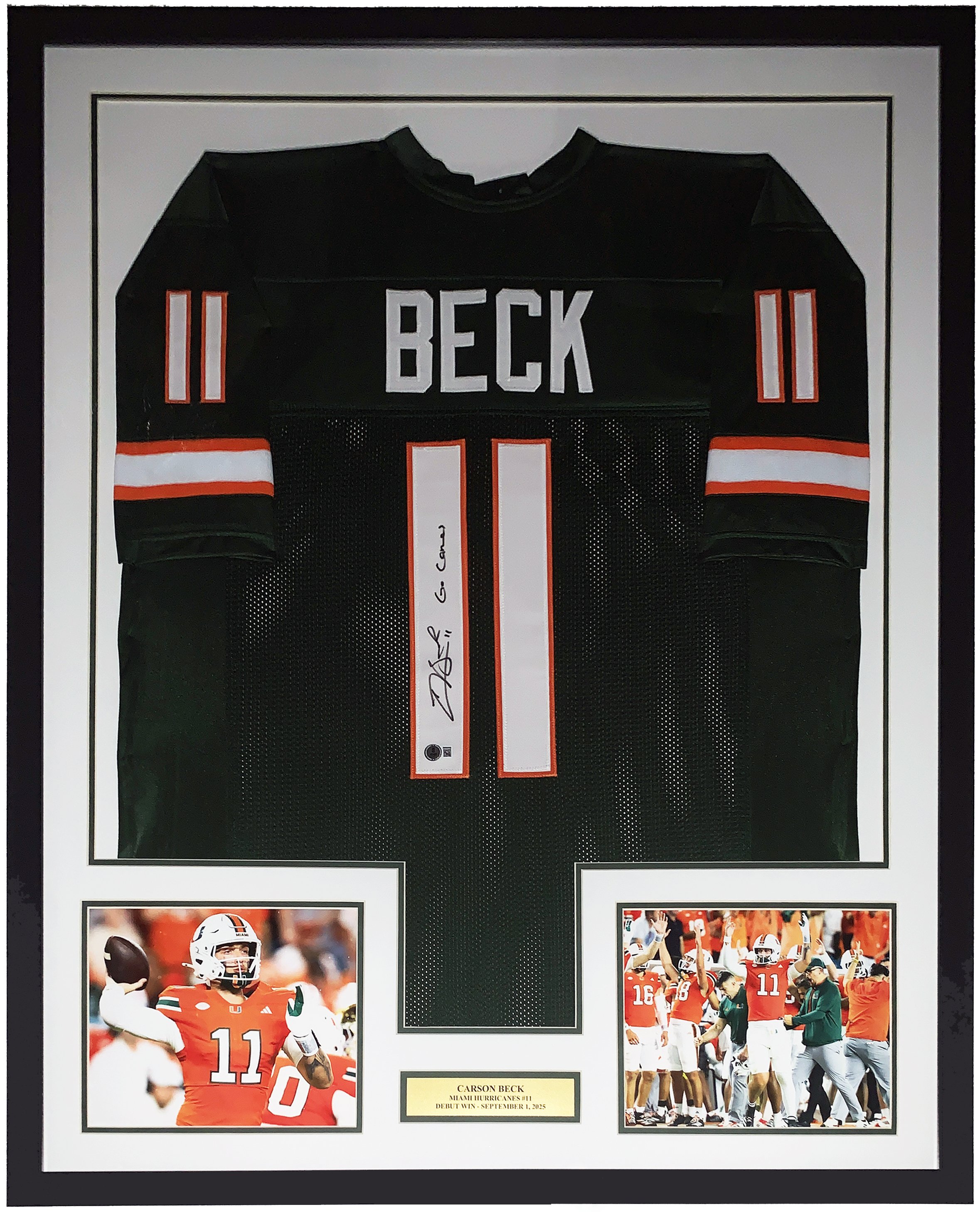 Carson Beck Signed Miami Hurricanes Jersey and Go Canes Inscription - Beckett BAS COA Authenticated - Professionally Framed and Debut Win Photo and Plate
