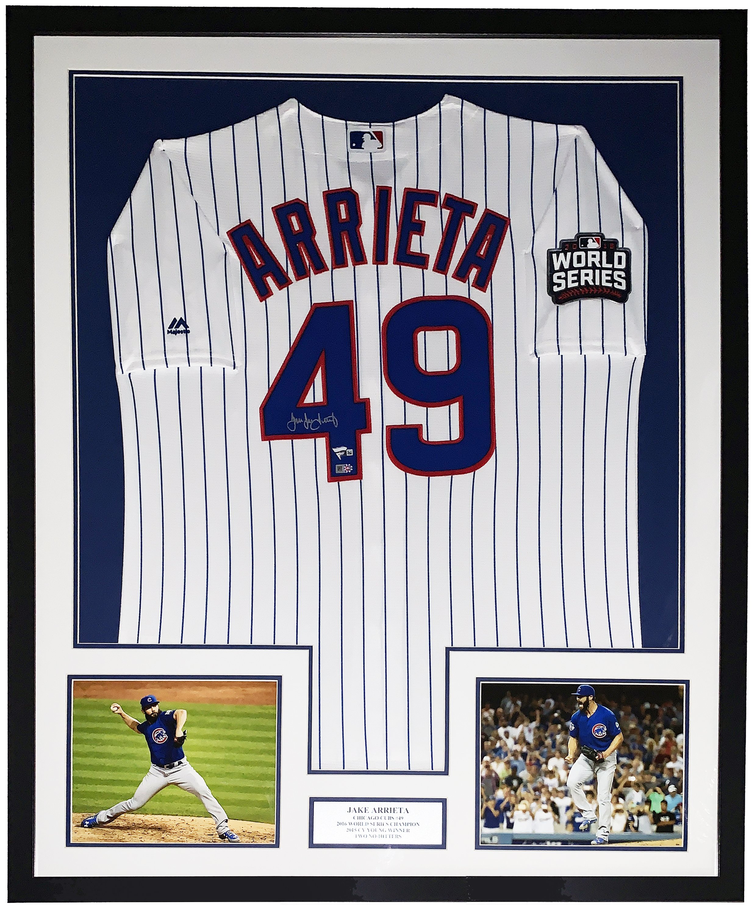 Jake Arrieta Signed Authentic Chicago Cubs 2016 World Series Jersey - Fanatics MLB COA Authenticated - Professionally Framed and No Hitter Photo and Plate