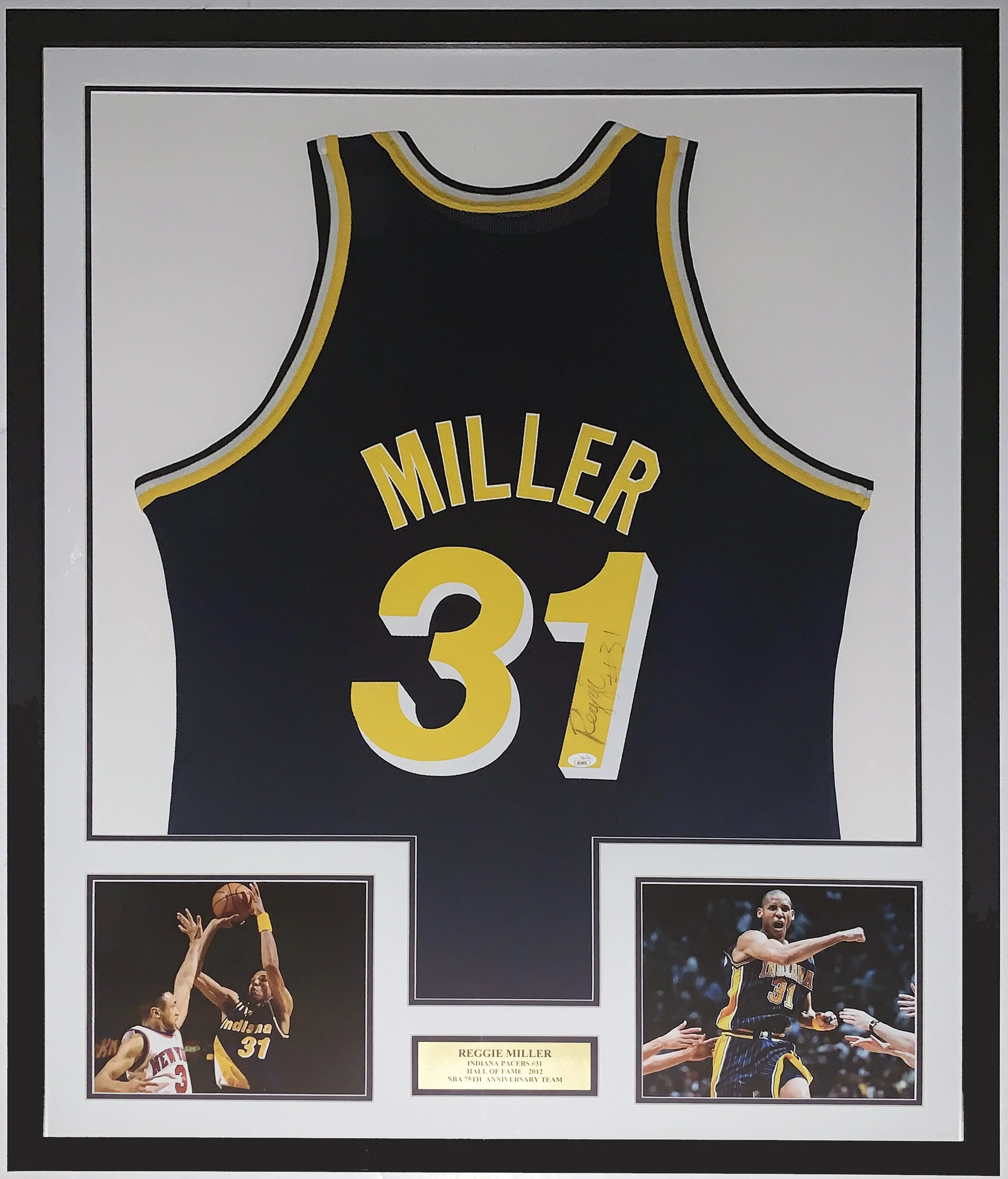 Reggie Miller Signed Authentic Champion Indiana Pacers Jersey - JSA COA Authenticated - Professionally Framed and Photo and Hall of Fame Plate