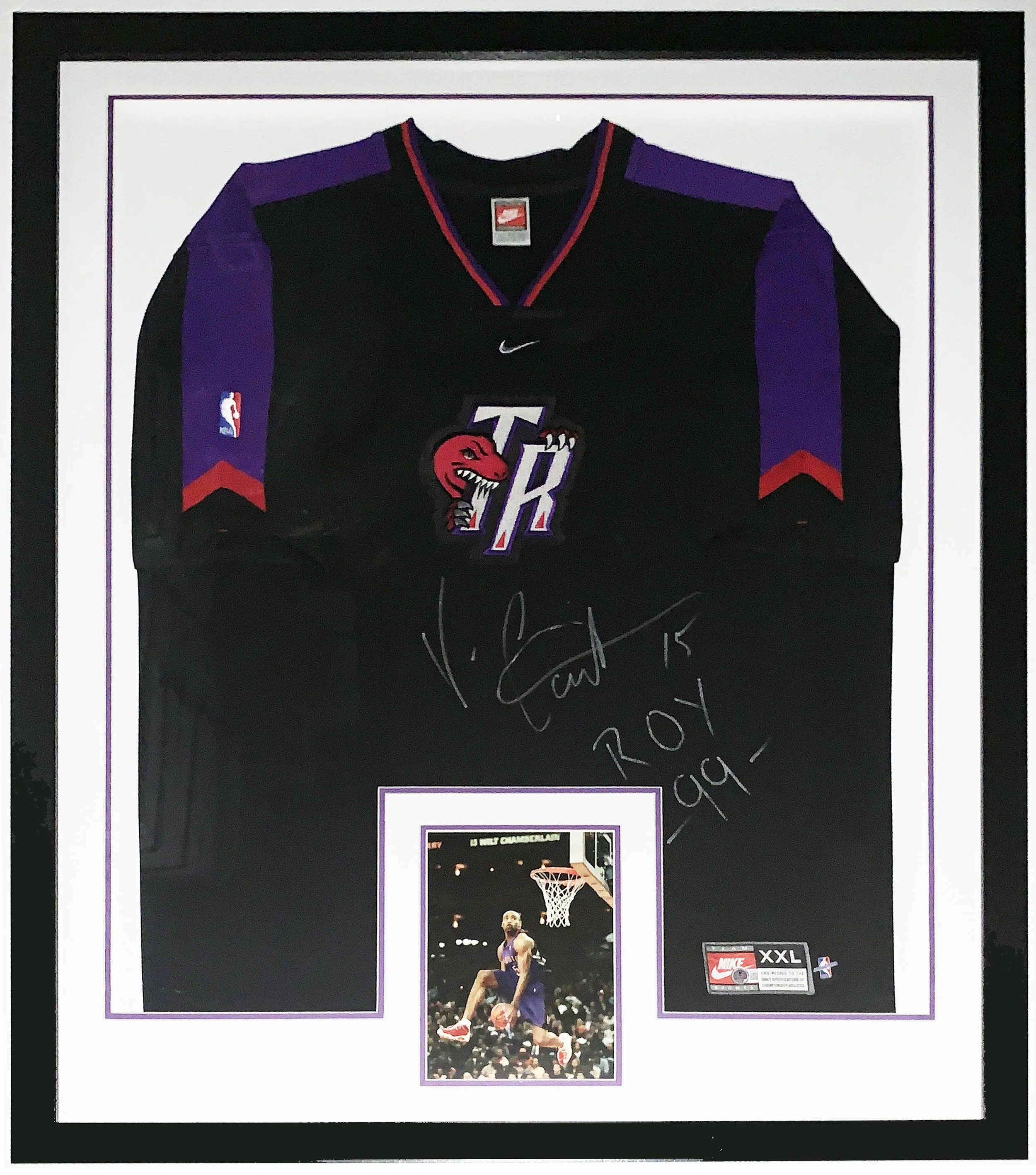Vince Carter Signed Nike Toronto Raptors Warm Up Jersey Shirt and 99 ROY Inscription - Beckett Authentication Services BAS COA - Professionally Framed and Slam Dunk Contest Photo 34x42