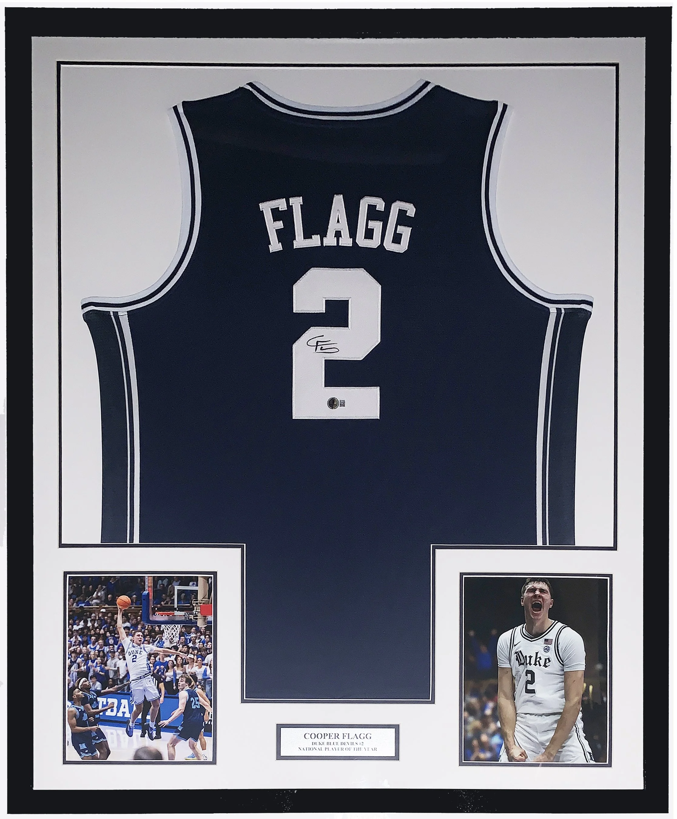 Cooper Flagg Signed Authentic Nike Duke Blue Devils Jersey - Beckett Authentication Services COA Authenticated - Professionally Framed and Slam Dunk Photo and Player of the Year Plate 34x42