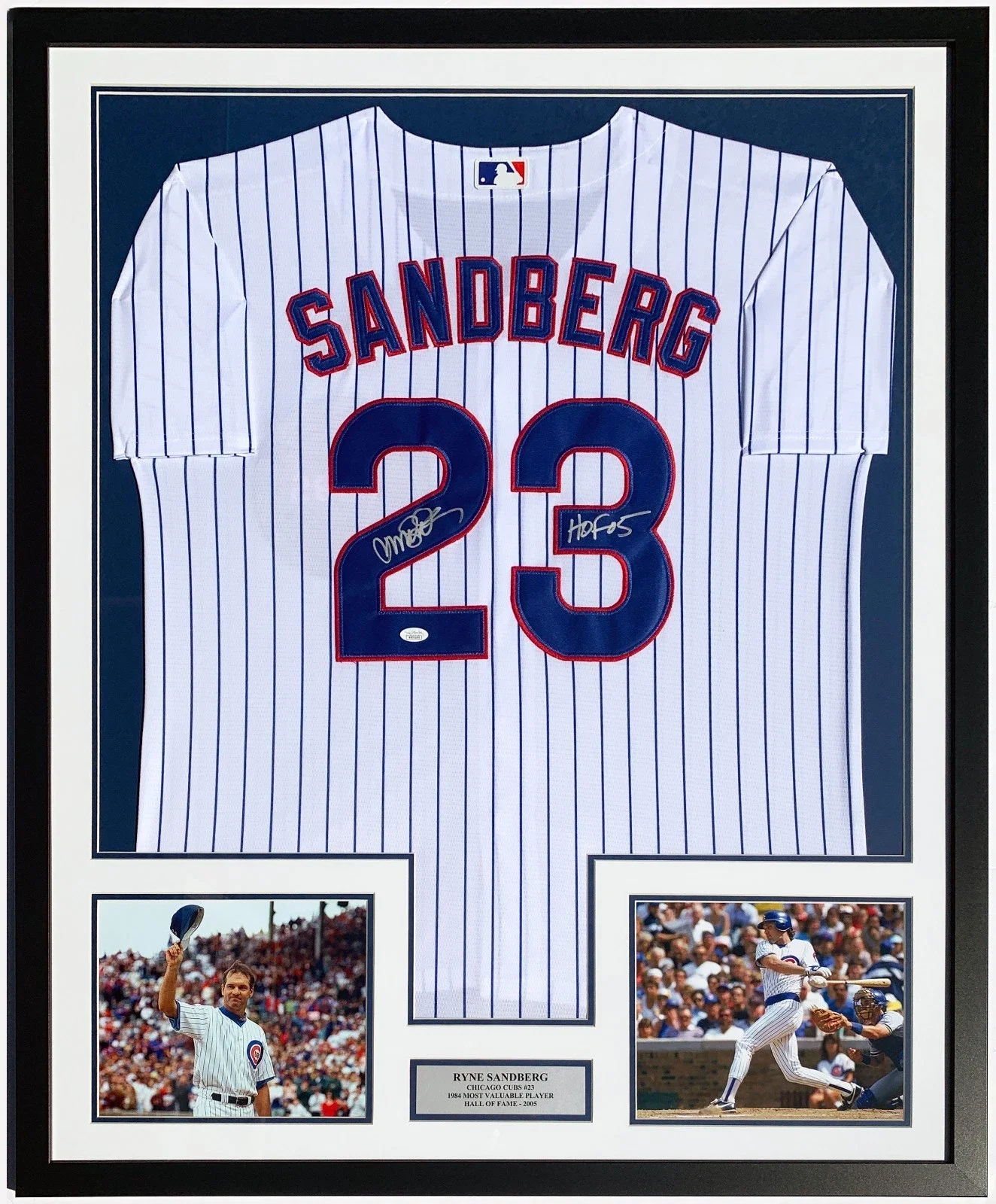 Ryne Sandberg Authentic Autographed Chicago Cubs Jersey and Hall of Fame Inscription - JSA COA Authenticated - Professionally Framed and Wrigley Field Photo and MVP Plate 34x42