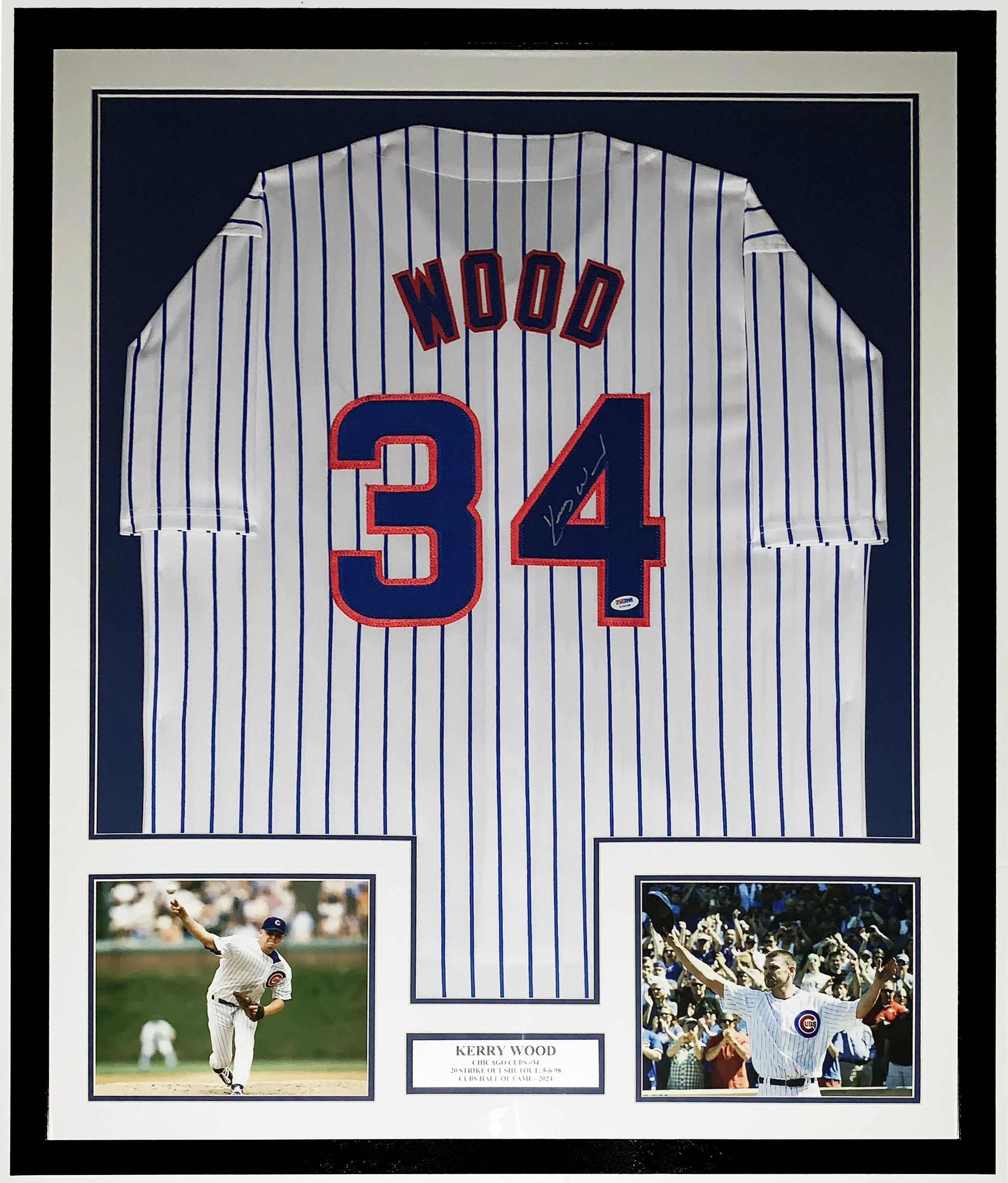 Kerry Wood Signed Chicago Cubs Jersey and 20 K and Last Game Photo - PSA DNA COA Authenticated - Professionally Framed and Cubs Hall of Fame Plate